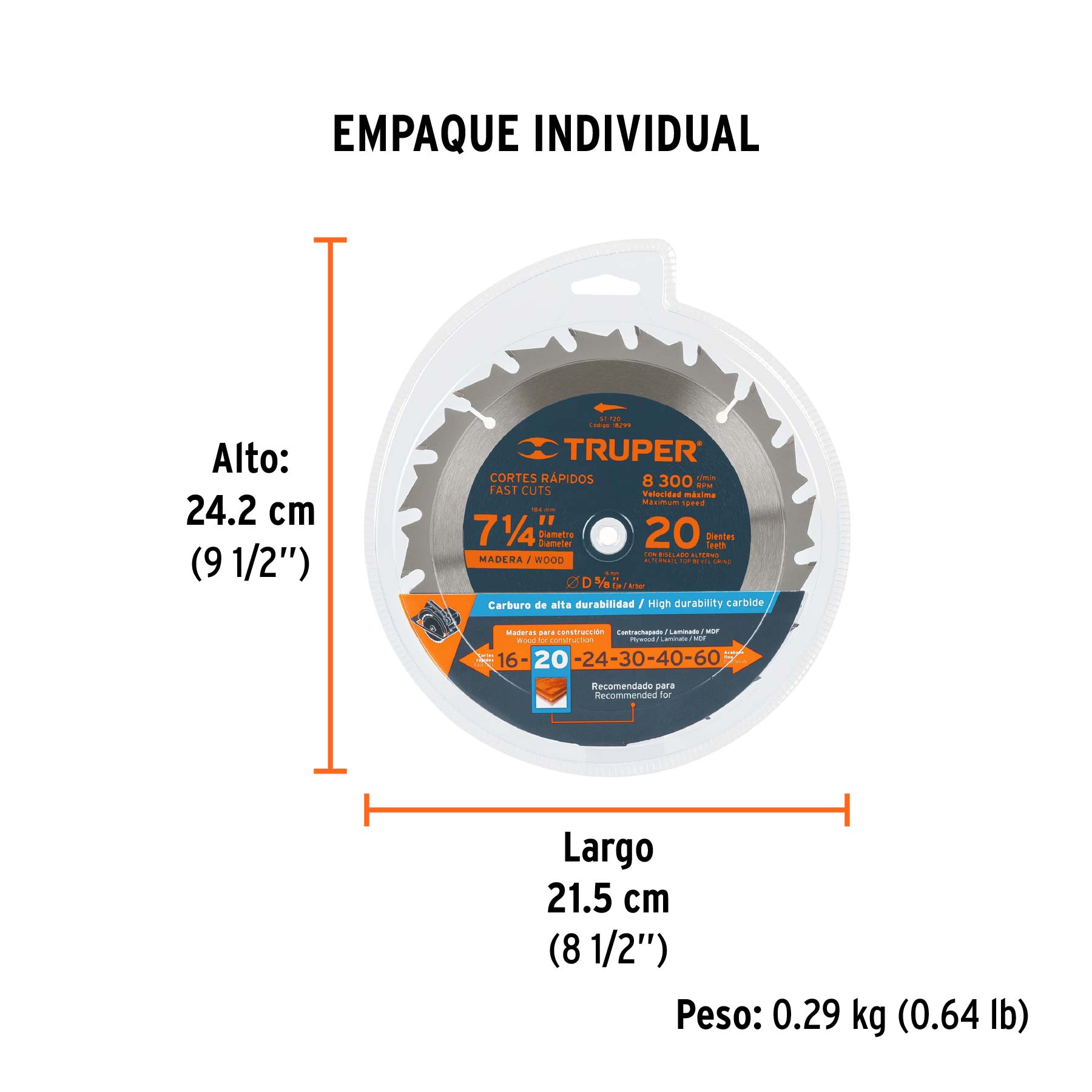 Disco sierra 7- 1/4" para madera, 20 dientes centro 5/8" - Empaque