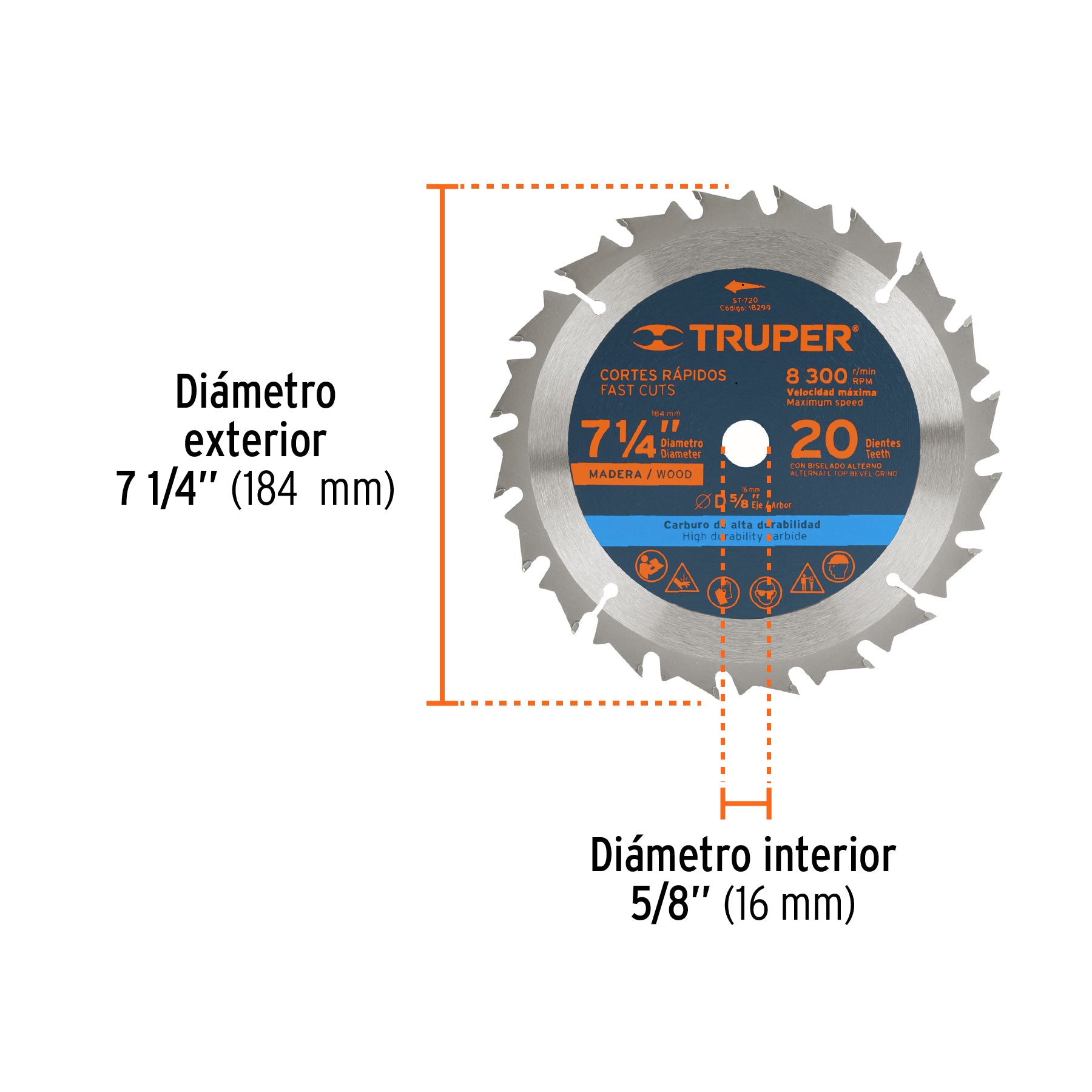 Disco sierra 7- 1/4" para madera, 20 dientes centro 5/8"