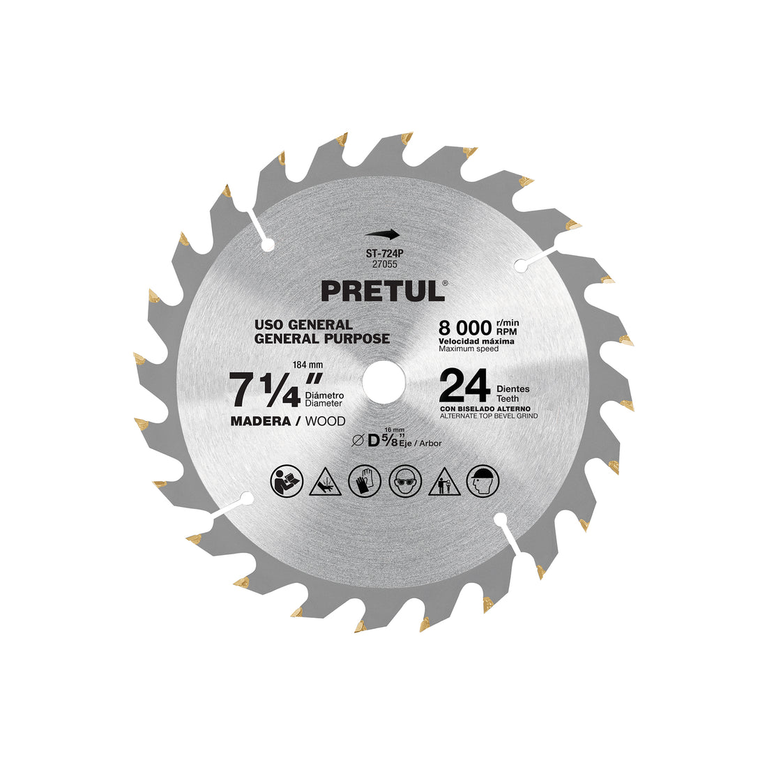 Disco sierra 7-1/4" p/madera, 24 dientes centro 5/8", PRETUL