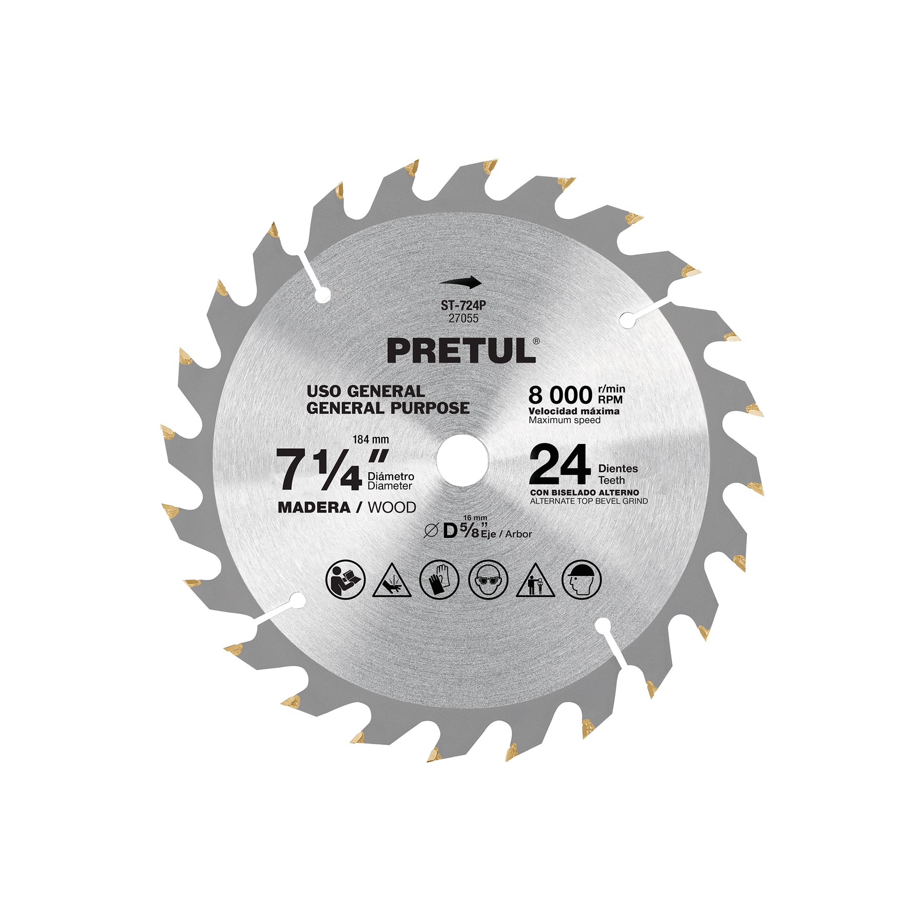 Disco sierra 7-1/4" p/madera, 24 dientes centro 5/8", PRETUL