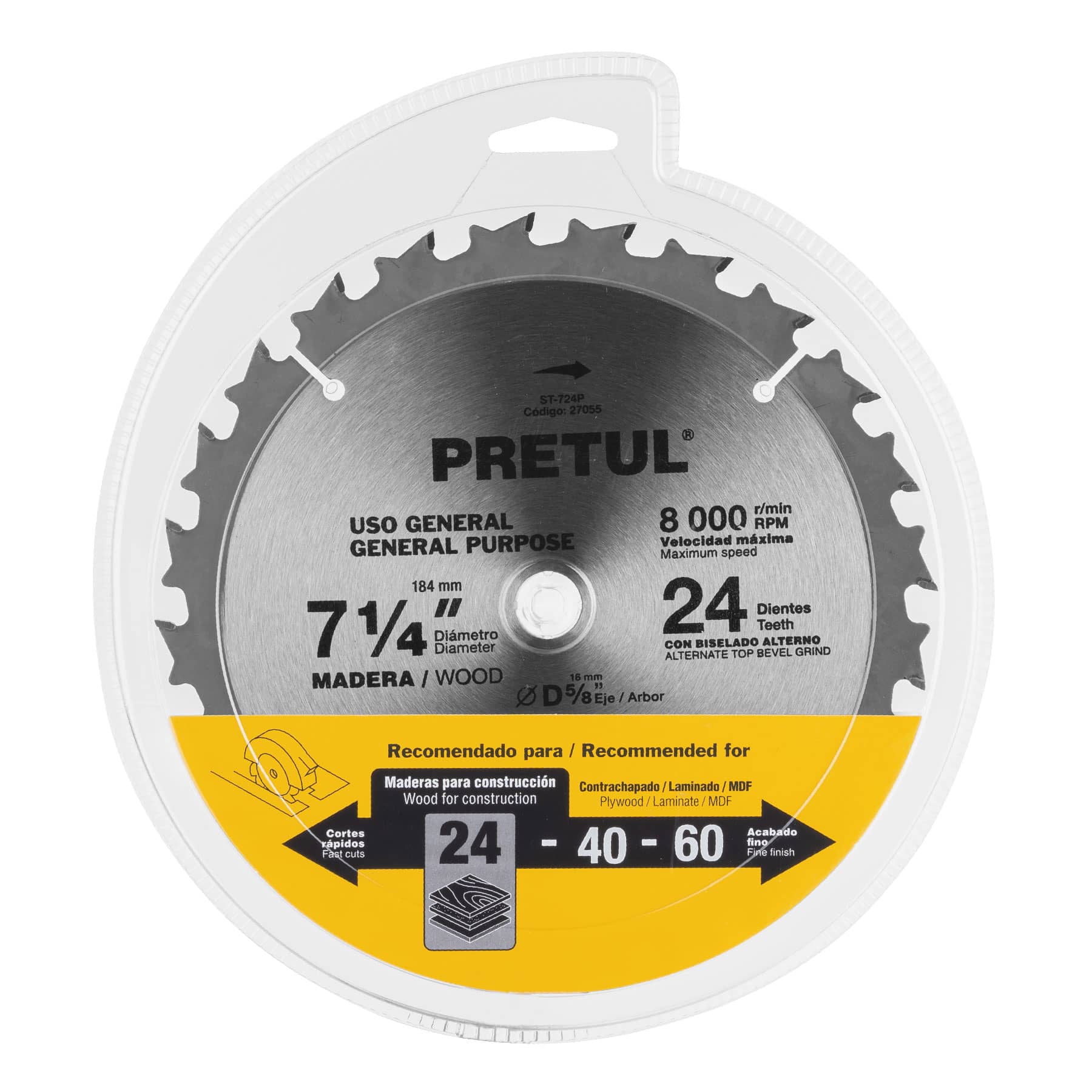 Disco sierra 7-1/4" p/madera, 24 dientes centro 5/8", PRETUL