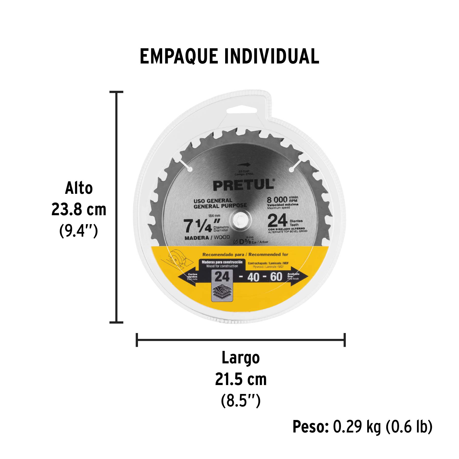 Disco sierra 7-1/4" p/madera, 24 dientes centro 5/8", PRETUL - Empaque