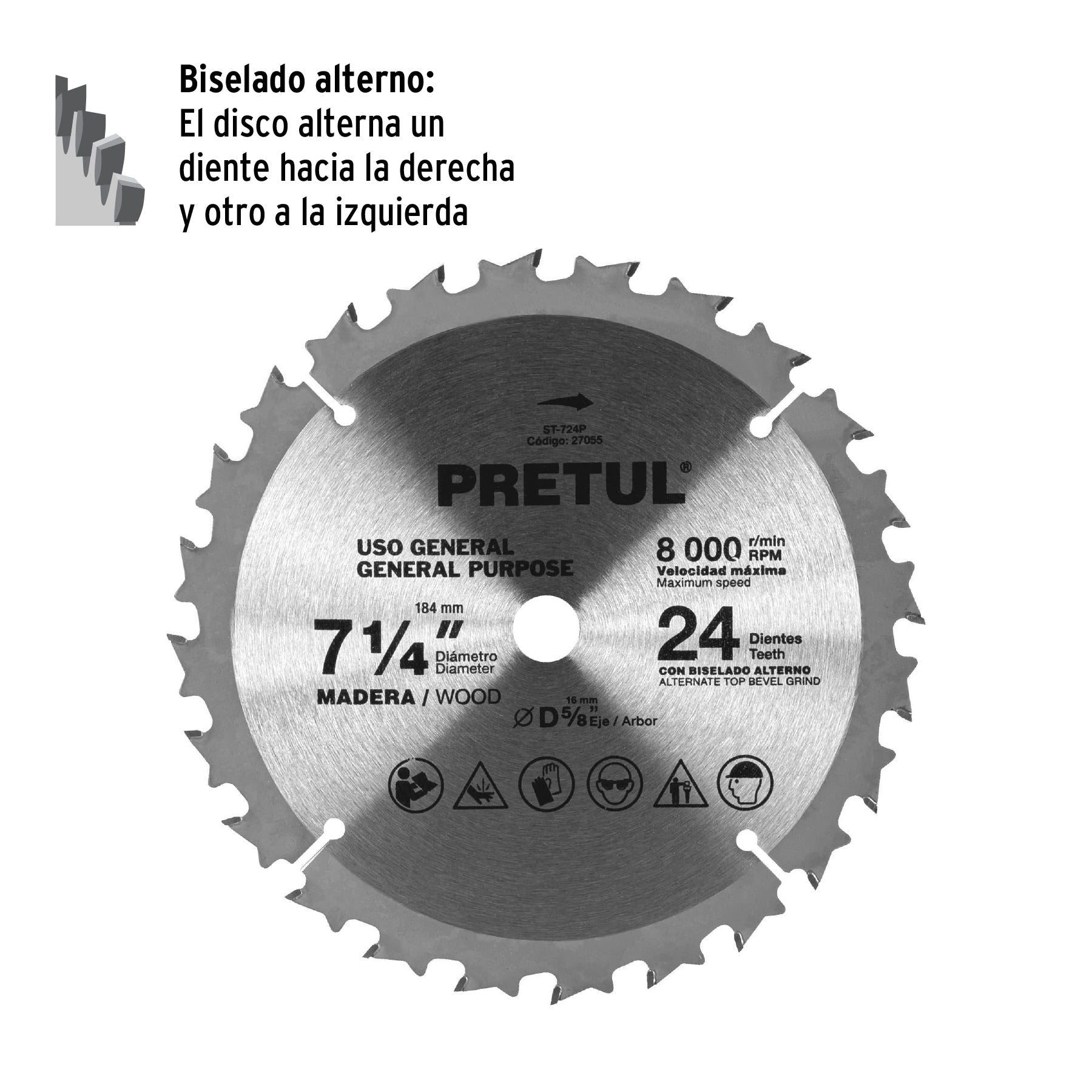 Disco sierra 7-1/4" p/madera, 24 dientes centro 5/8", PRETUL