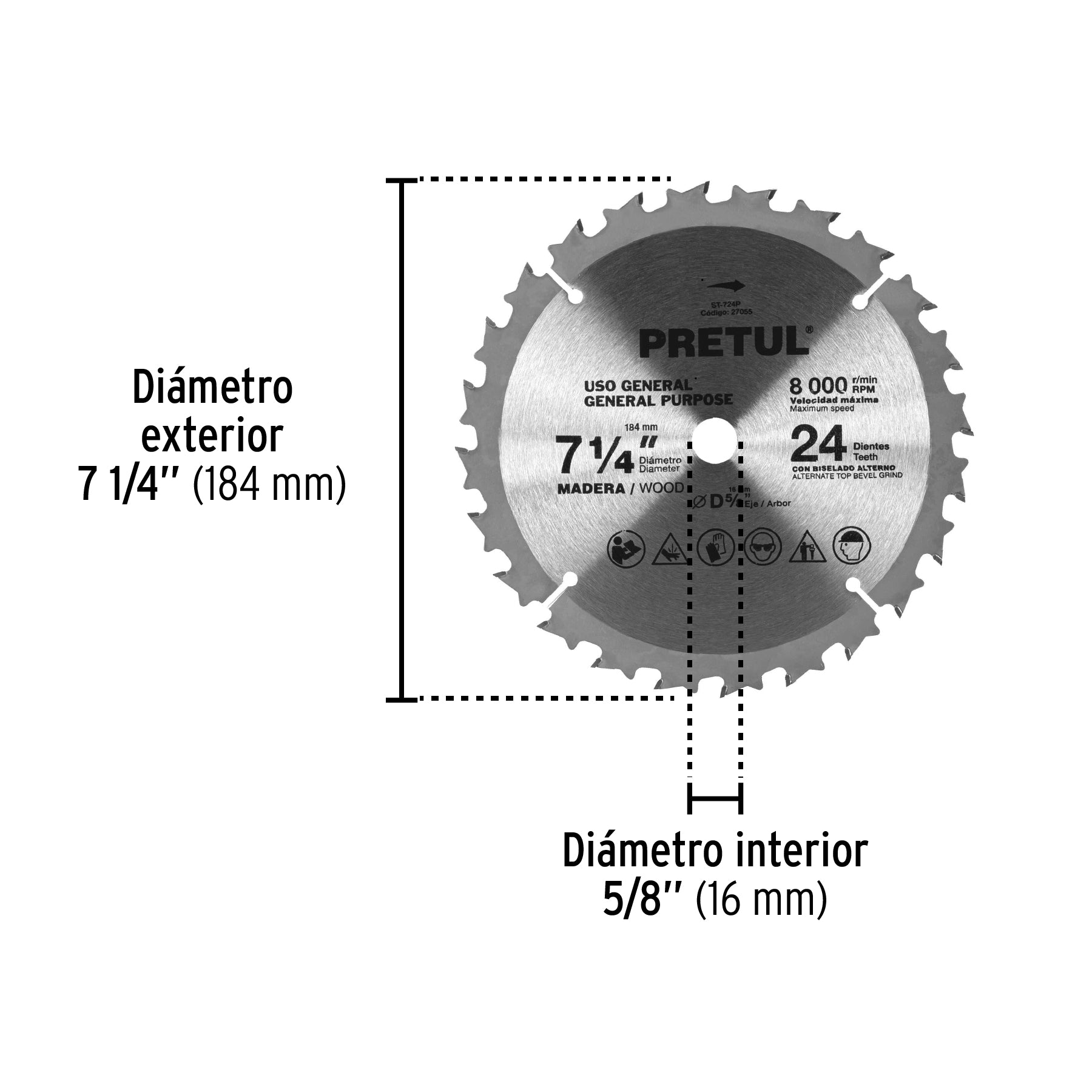 Disco sierra 7-1/4" p/madera, 24 dientes centro 5/8", PRETUL