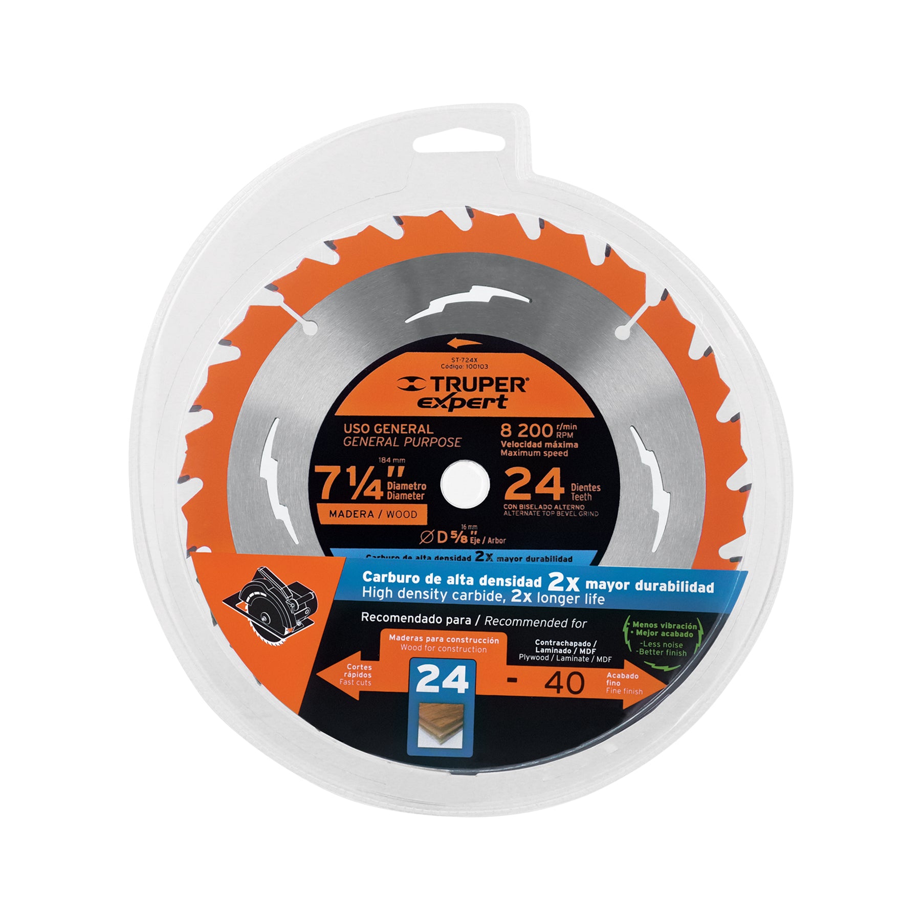 Disco sierra 7-1/4" p/madera, 24 dientes centro 5/8", EXPERT