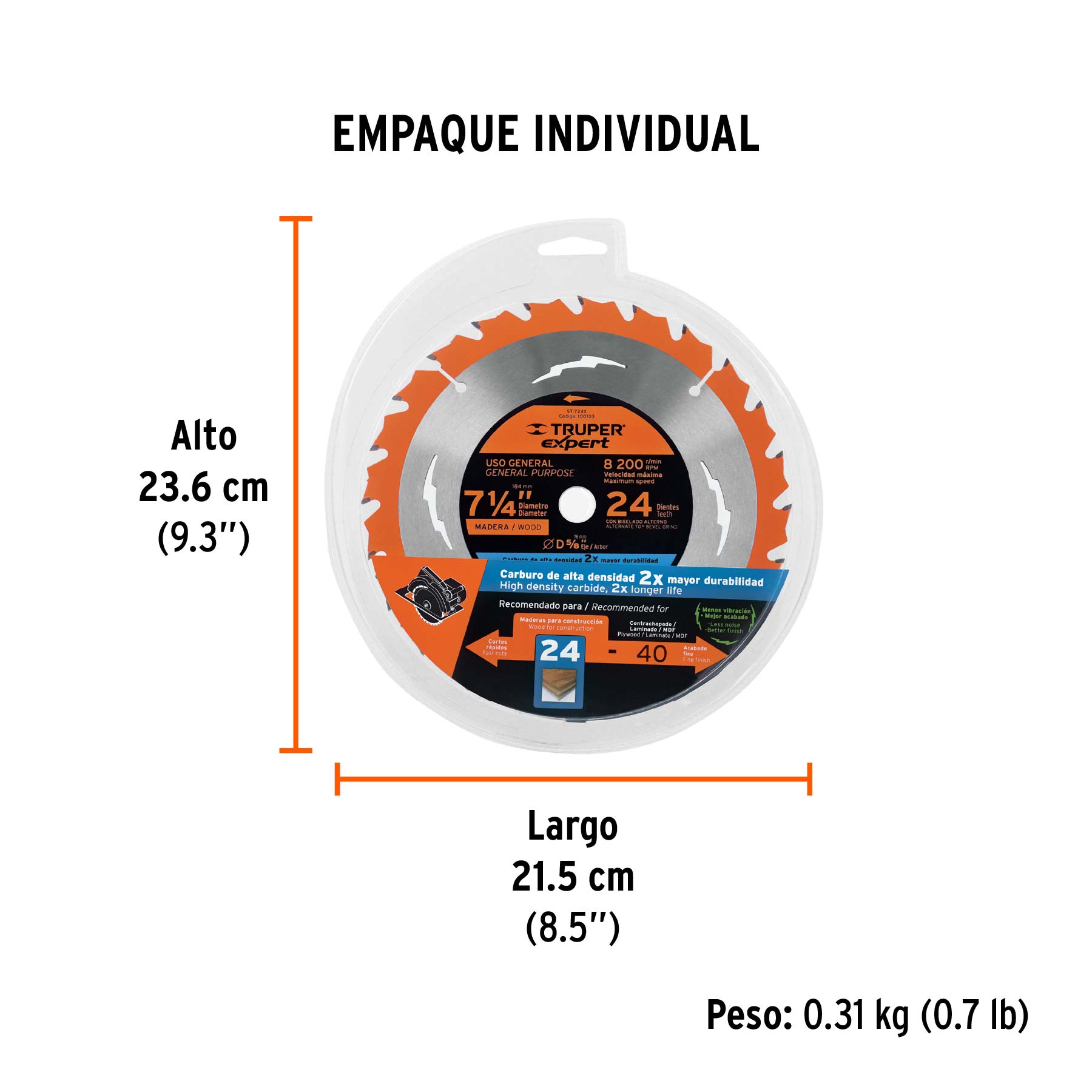 Disco sierra 7-1/4" p/madera, 24 dientes centro 5/8", EXPERT - Empaque