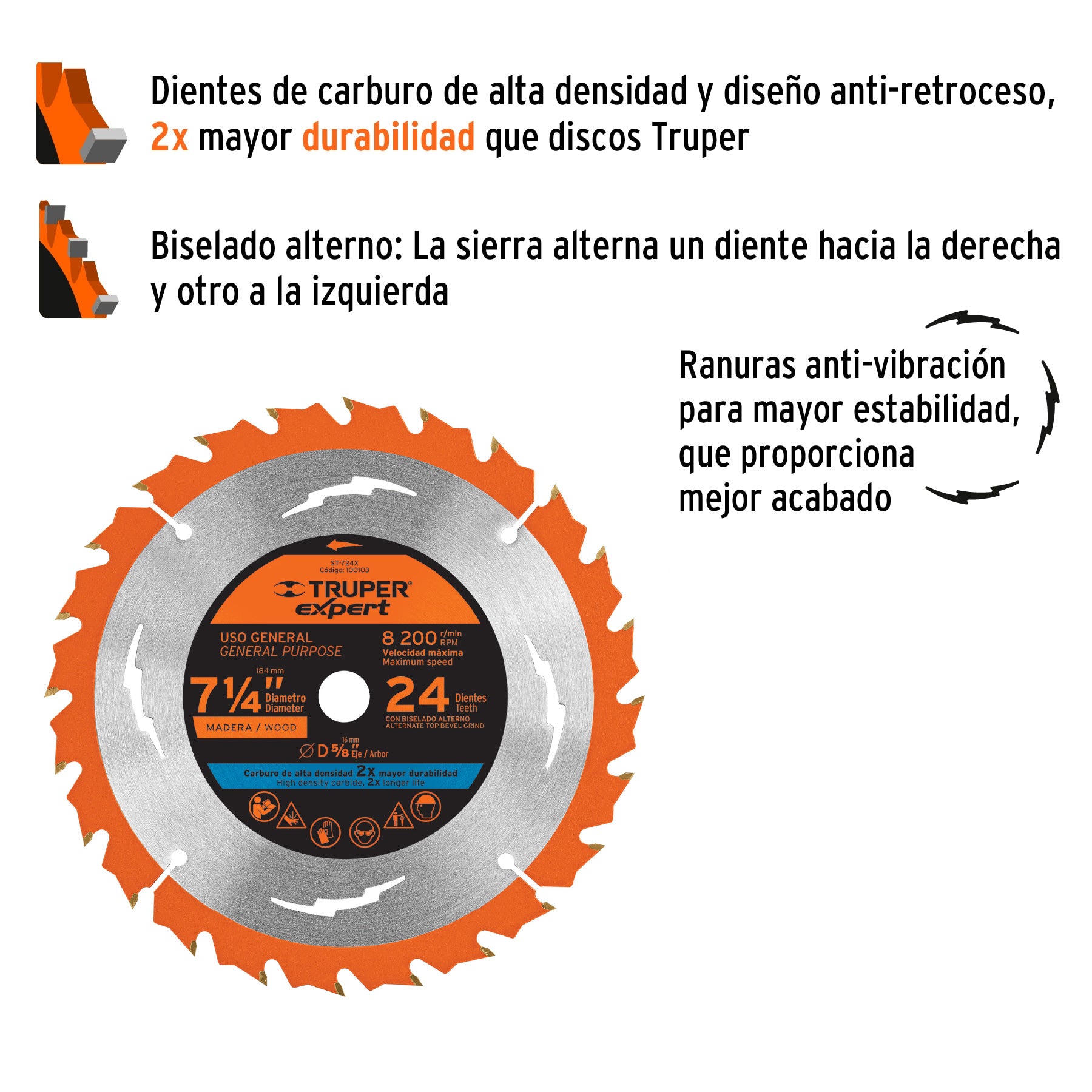 Disco sierra 7-1/4" p/madera, 24 dientes centro 5/8", EXPERT