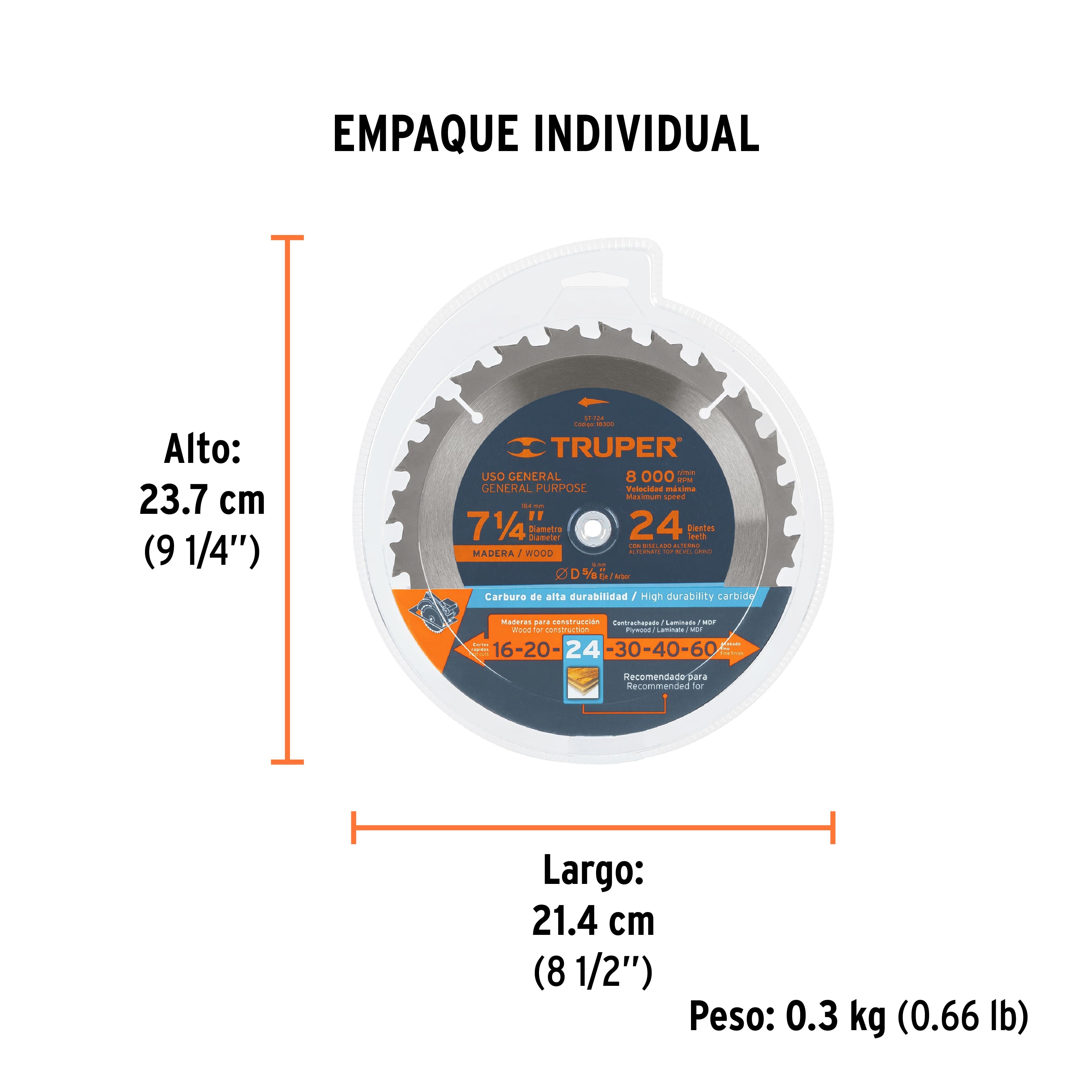 Disco sierra 7- 1/4" para madera, 24 dientes centro 5/8" - Empaque