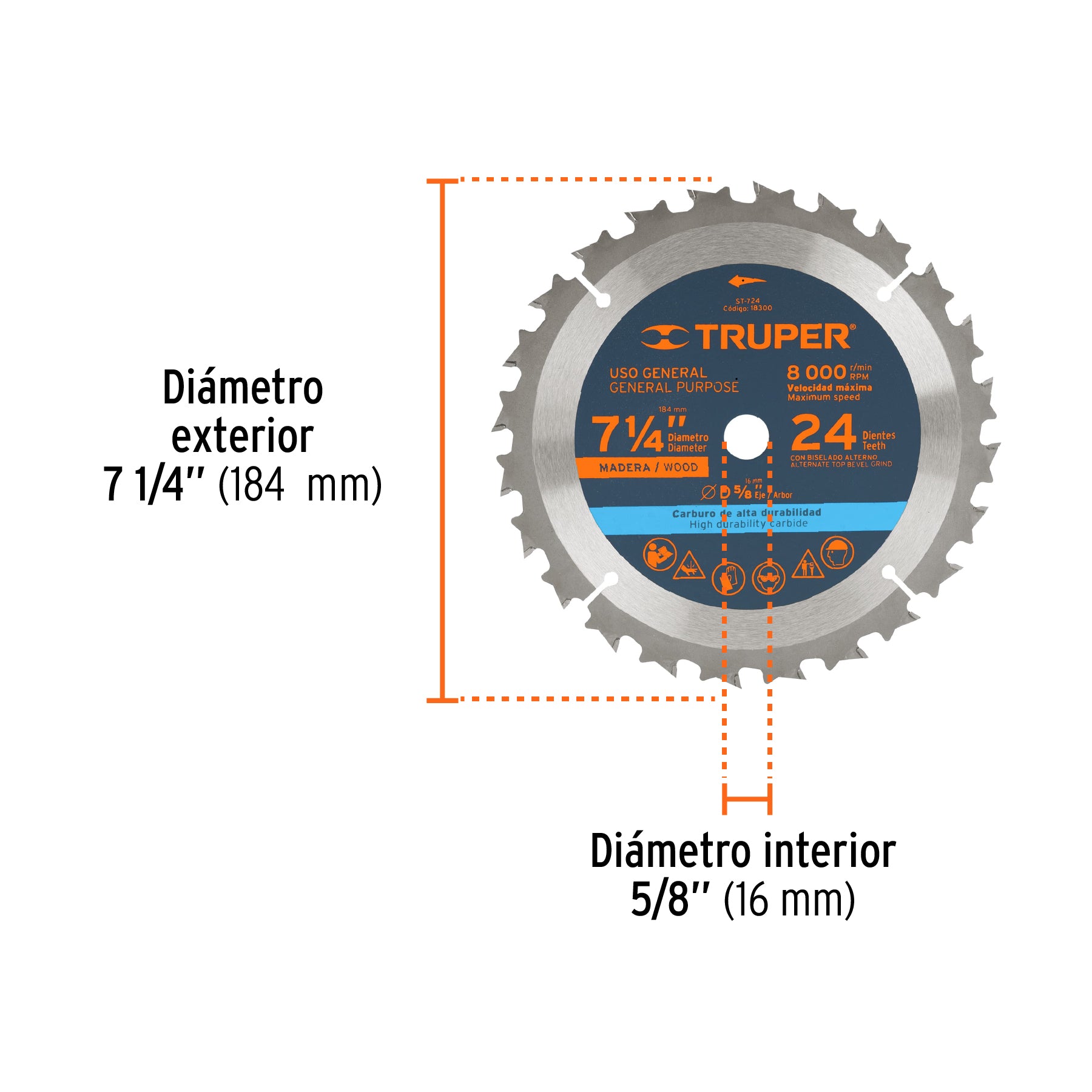 Disco sierra 7- 1/4" para madera, 24 dientes centro 5/8"