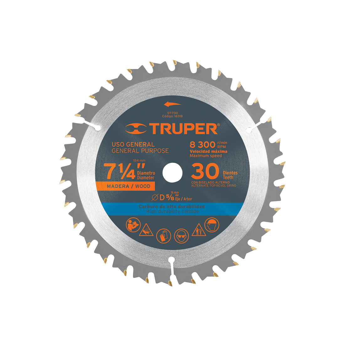 Disco sierra 7- 1/4" para madera, 30 dientes centro 5/8"