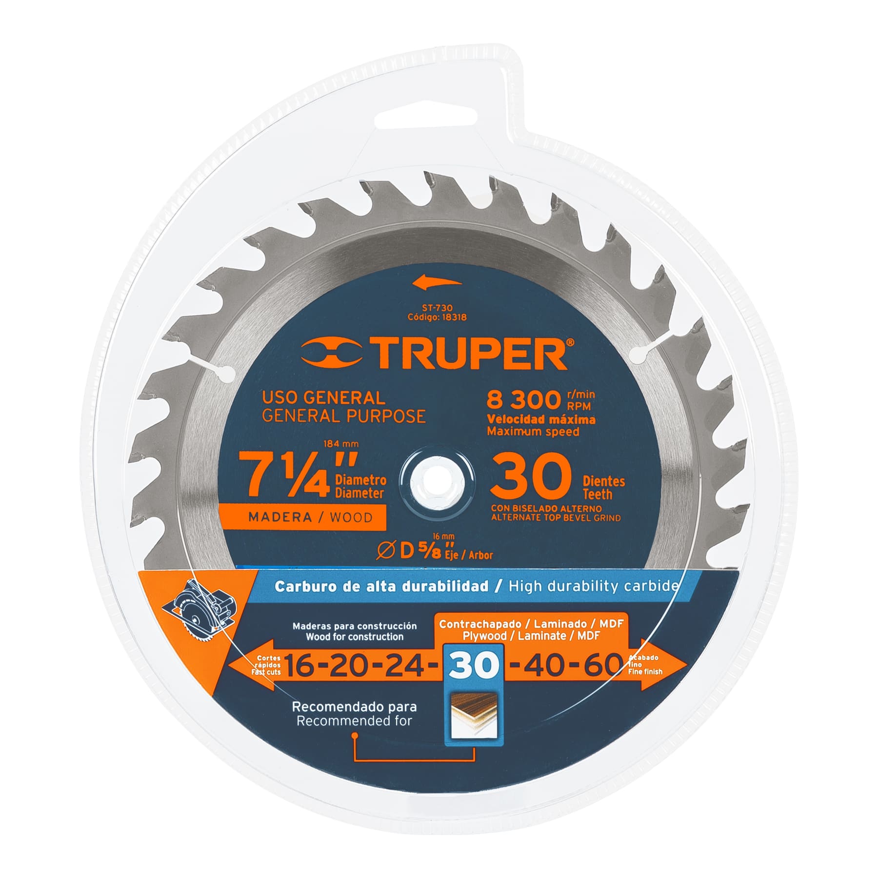 Disco sierra 7- 1/4" para madera, 30 dientes centro 5/8"