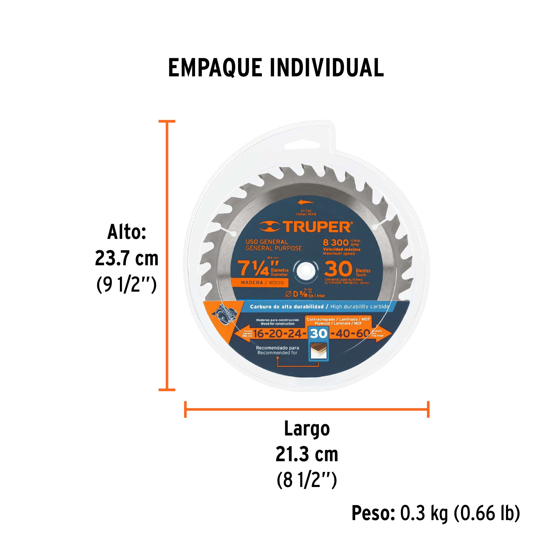 Disco sierra 7- 1/4" para madera, 30 dientes centro 5/8" - Empaque