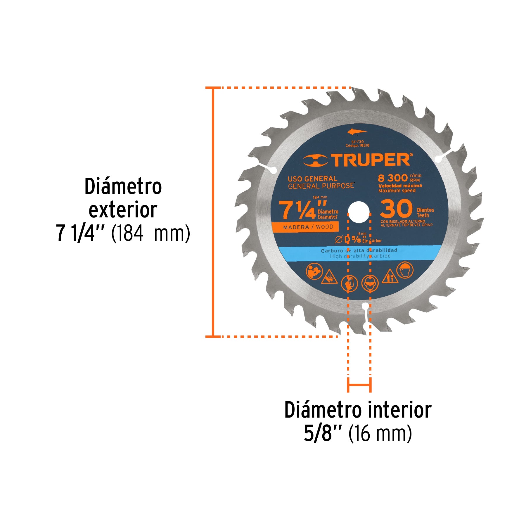Disco sierra 7- 1/4" para madera, 30 dientes centro 5/8"