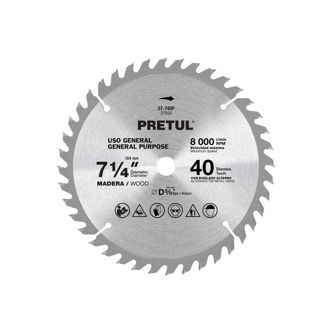 Disco sierra 7-1/4" p/madera, 40 dientes centro 5/8", PRETUL