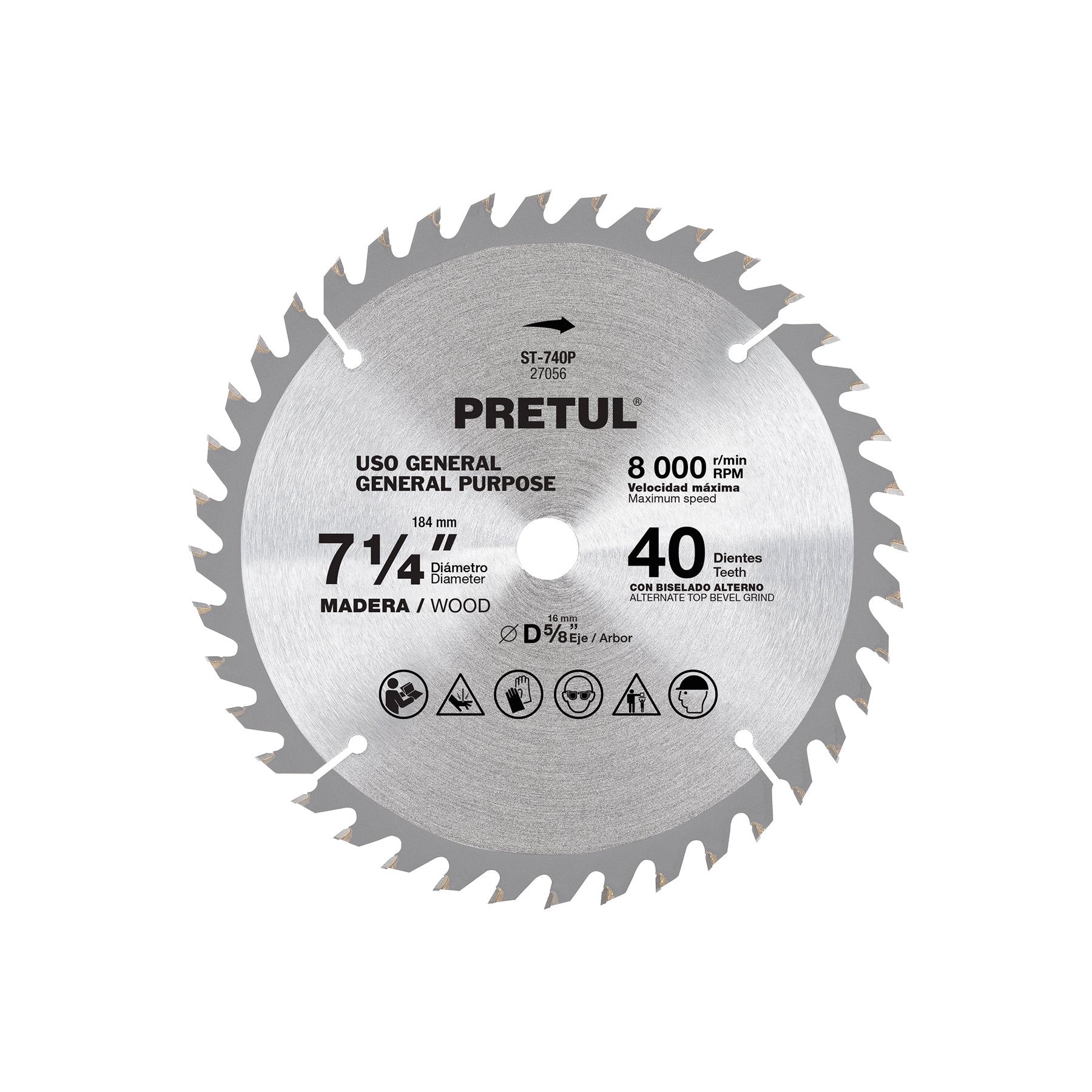 Disco sierra 7-1/4" p/madera, 40 dientes centro 5/8", PRETUL