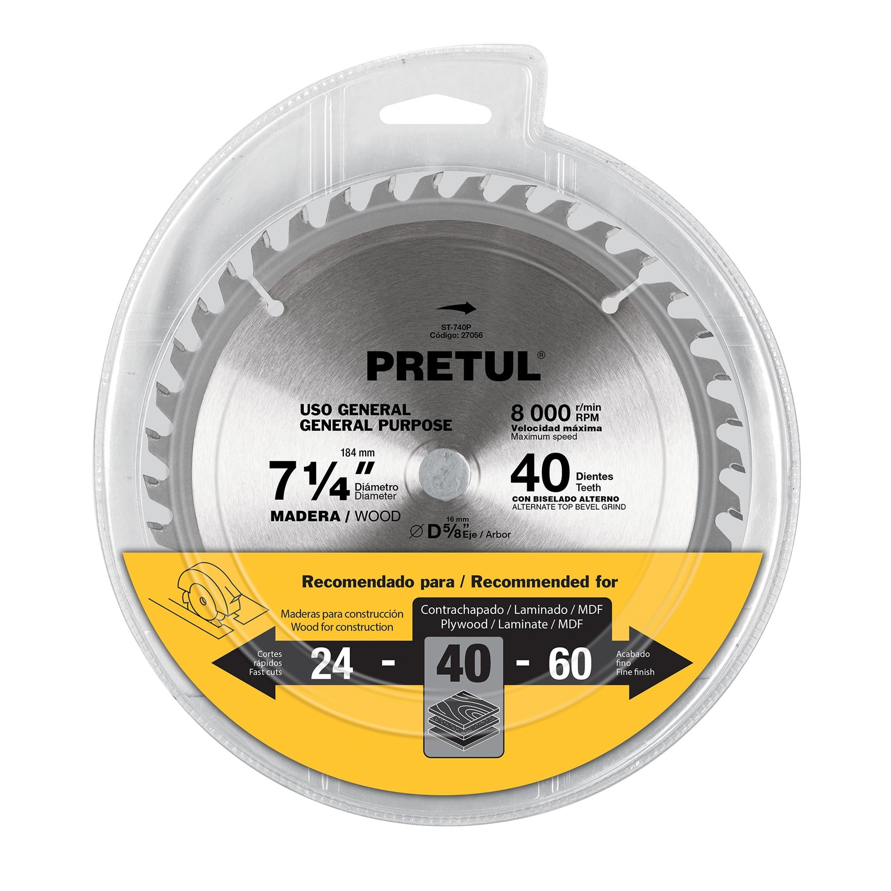 Disco sierra 7-1/4" p/madera, 40 dientes centro 5/8", PRETUL