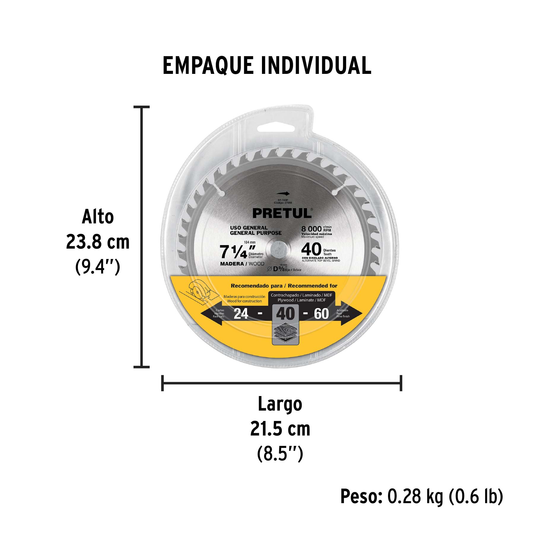 Disco sierra 7-1/4" p/madera, 40 dientes centro 5/8", PRETUL - Empaque