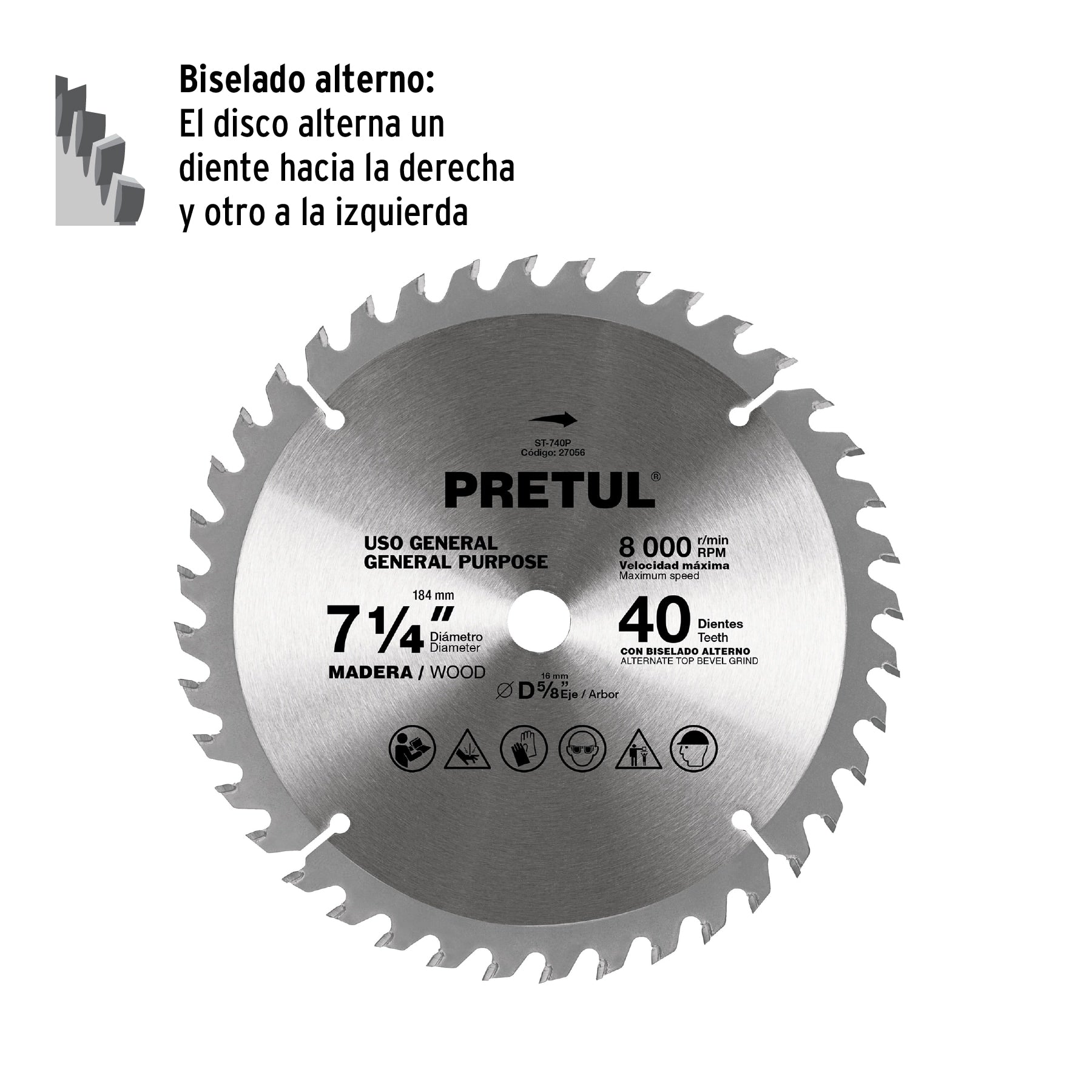 Disco sierra 7-1/4" p/madera, 40 dientes centro 5/8", PRETUL