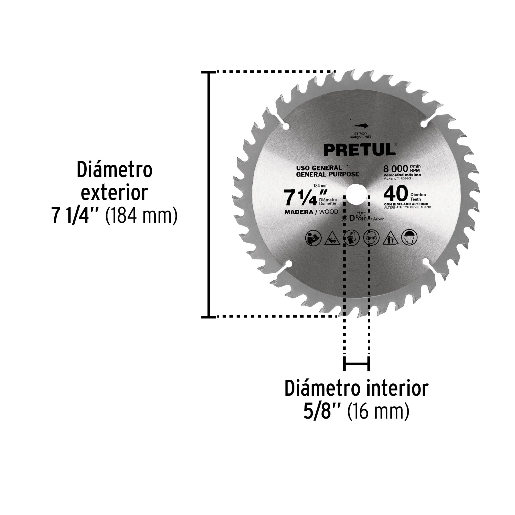 Disco sierra 7-1/4" p/madera, 40 dientes centro 5/8", PRETUL