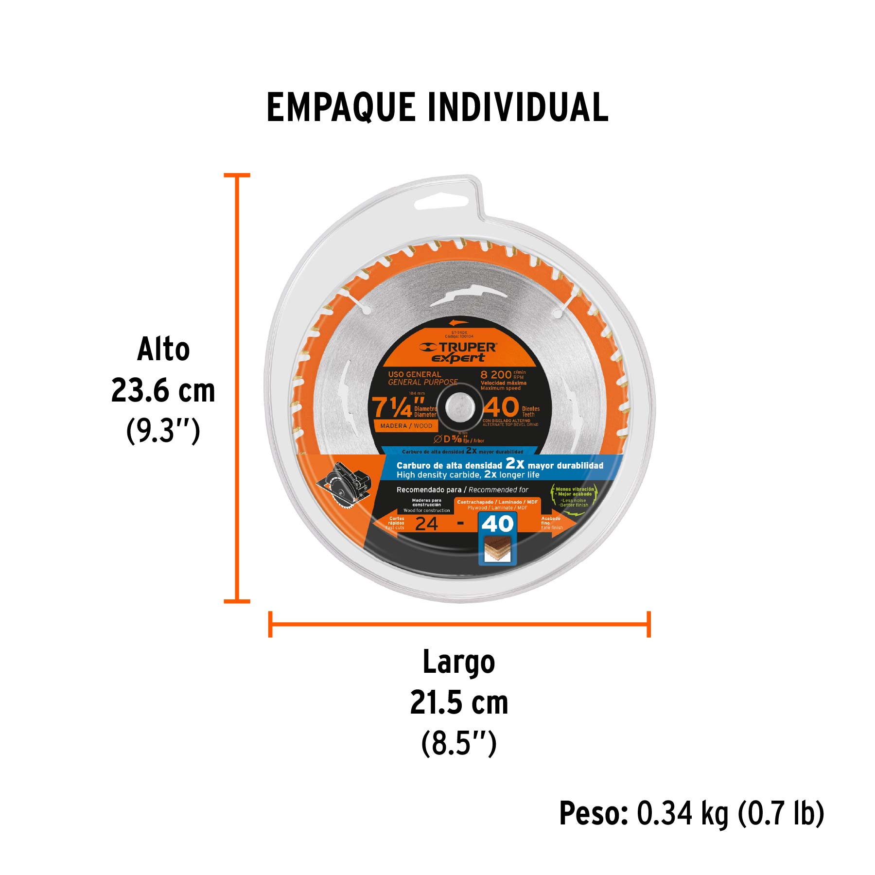 Disco sierra 7-1/4" p/madera, 40 dientes centro 5/8", EXPERT - Empaque