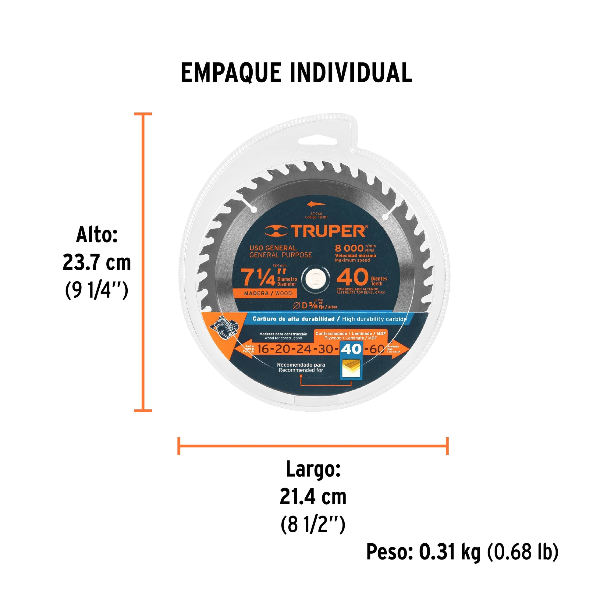 Disco sierra 7- 1/4" para madera, 40 dientes centro 5/8" - Empaque