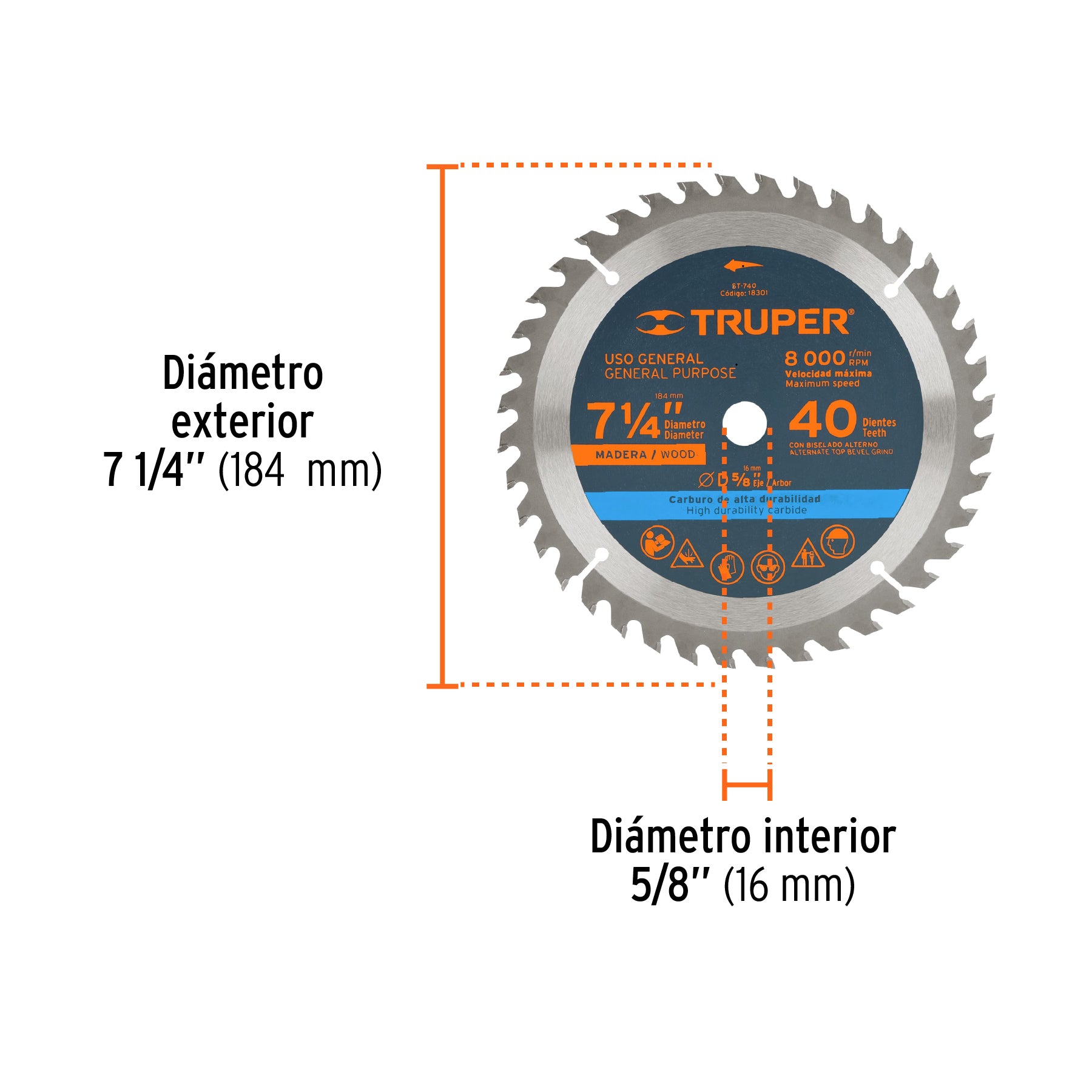 Disco sierra 7- 1/4" para madera, 40 dientes centro 5/8"