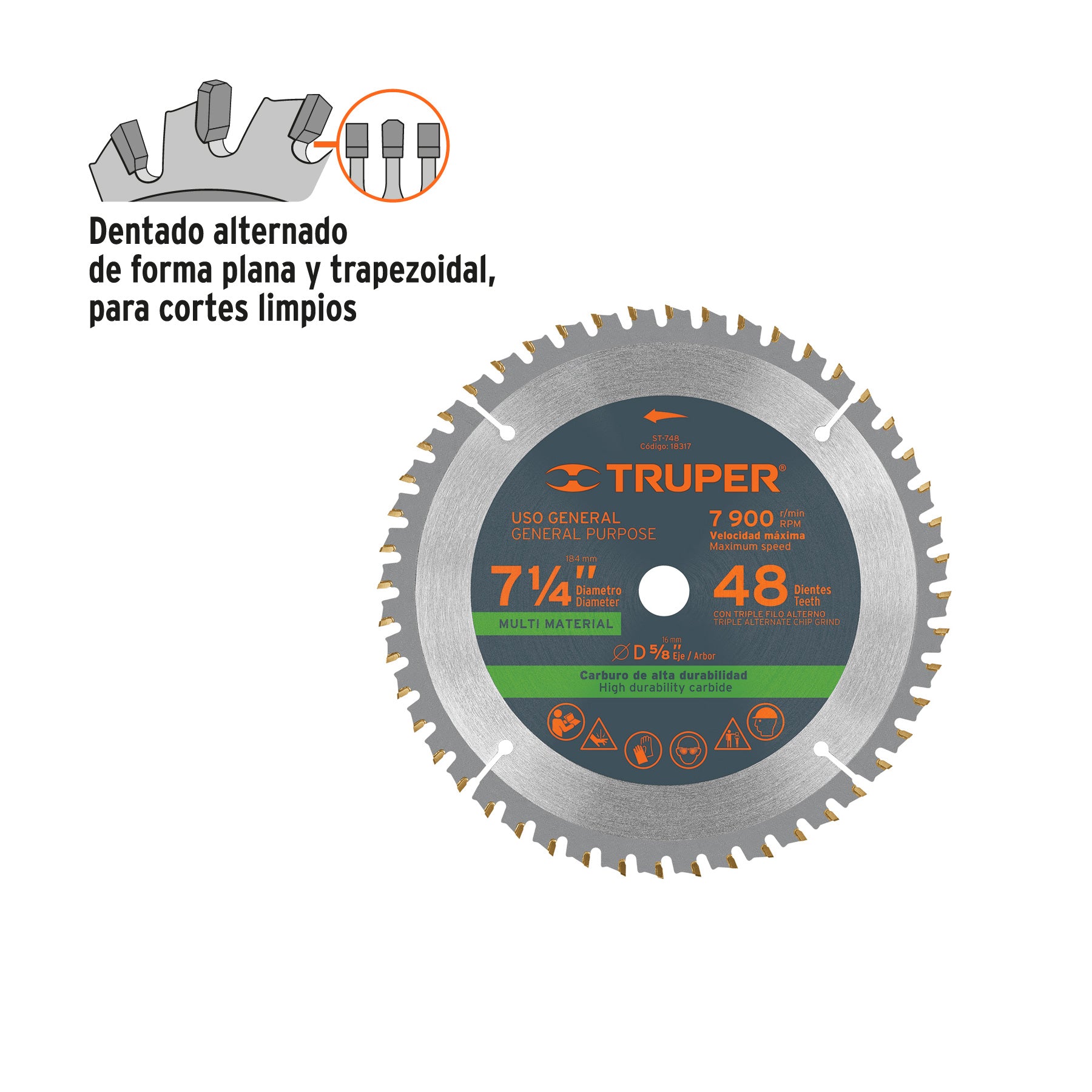 Disco sierra 7-1/4" multimaterial, 48 dientes centro 5/8"