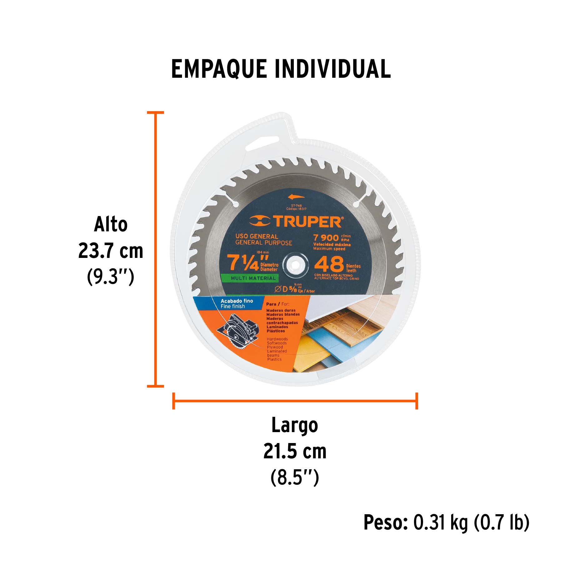 Disco sierra 7-1/4" multimaterial, 48 dientes centro 5/8" - Empaque