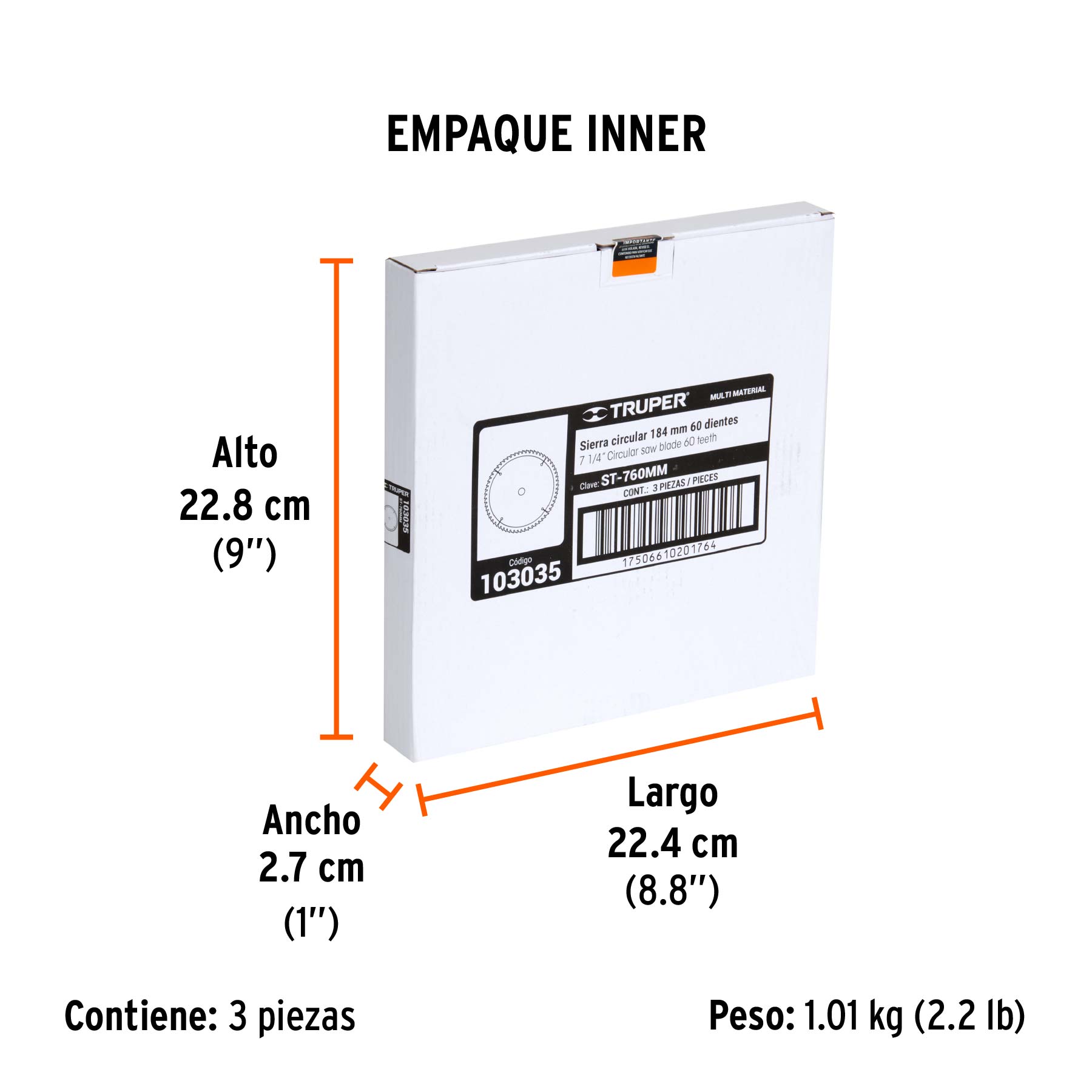 Disco sierra 7-1/4" multimaterial, 60 dientes centro 5/8" - Empaque