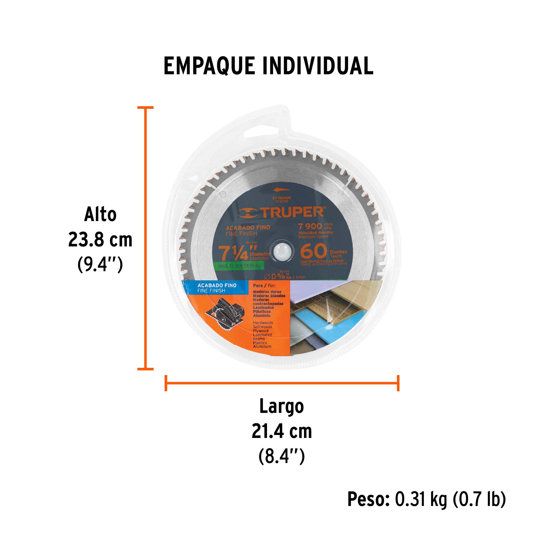 Disco sierra 7-1/4" multimaterial, 60 dientes centro 5/8" - Empaque