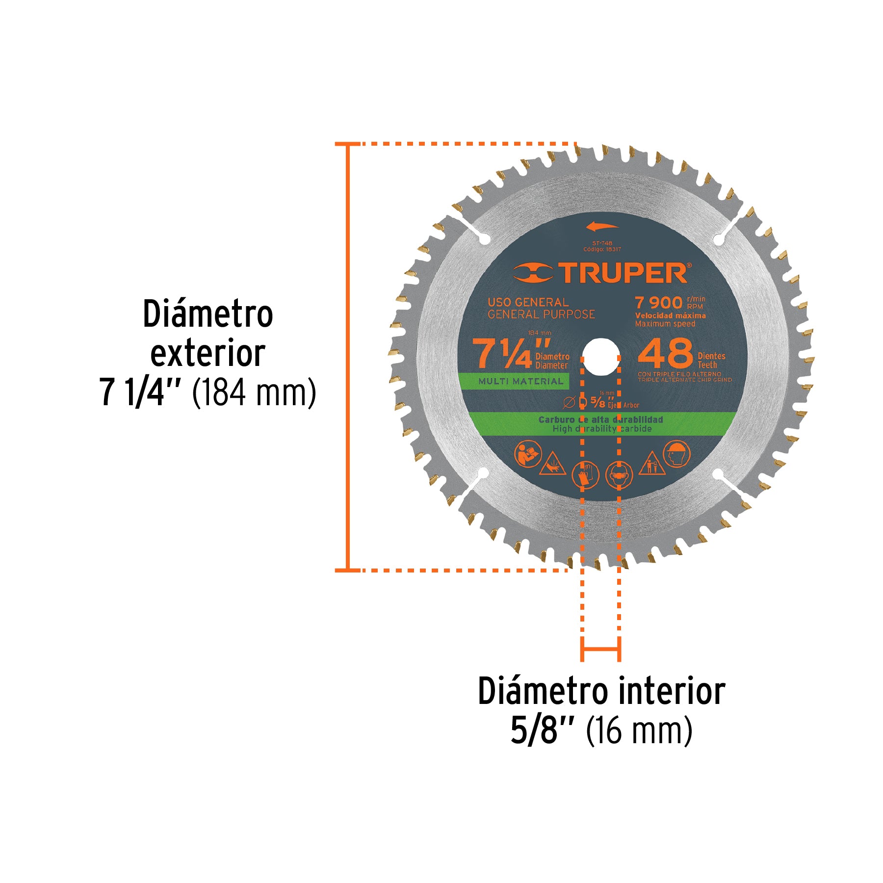 Disco sierra 7-1/4" multimaterial, 60 dientes centro 5/8"