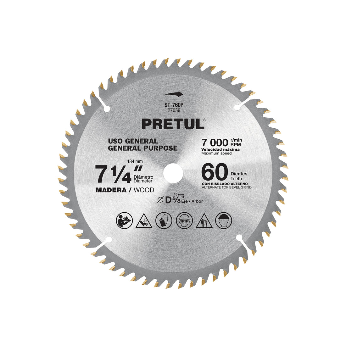 Disco sierra 7-1/4" p/madera, 60 dientes centro 5/8", PRETUL