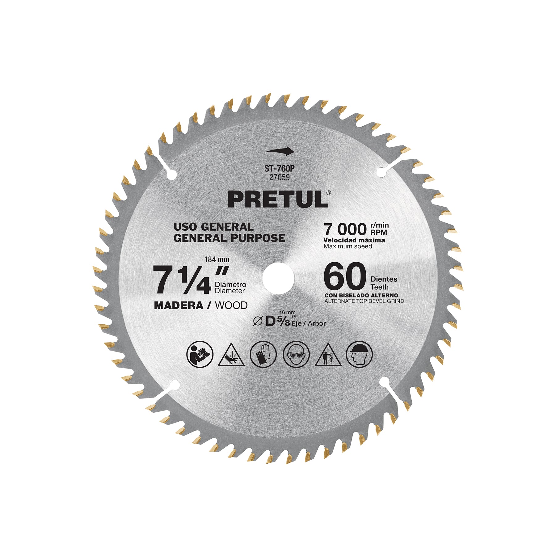 Disco sierra 7-1/4" p/madera, 60 dientes centro 5/8", PRETUL