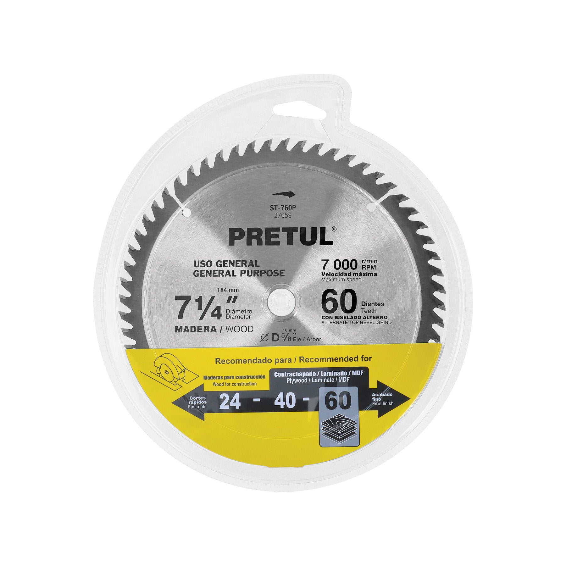 Disco sierra 7-1/4" p/madera, 60 dientes centro 5/8", PRETUL