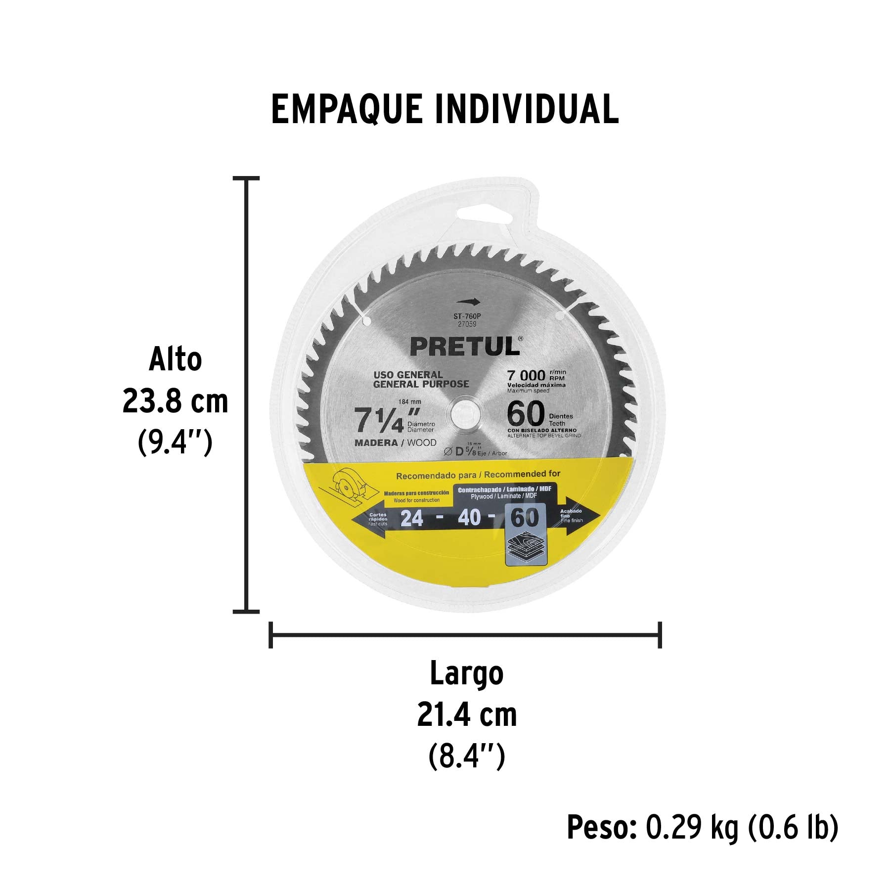 Disco sierra 7-1/4" p/madera, 60 dientes centro 5/8", PRETUL - Empaque