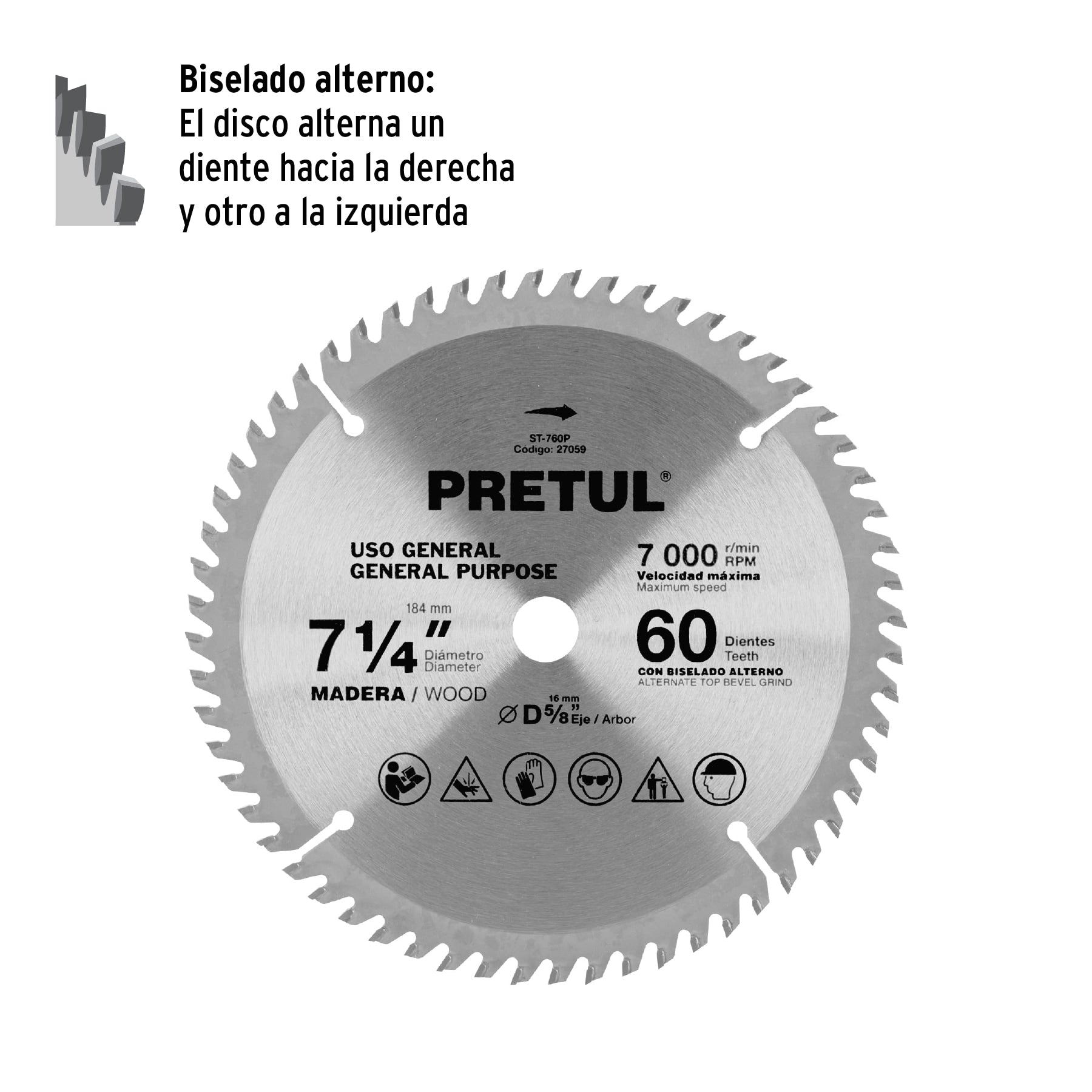 Disco sierra 7-1/4" p/madera, 60 dientes centro 5/8", PRETUL