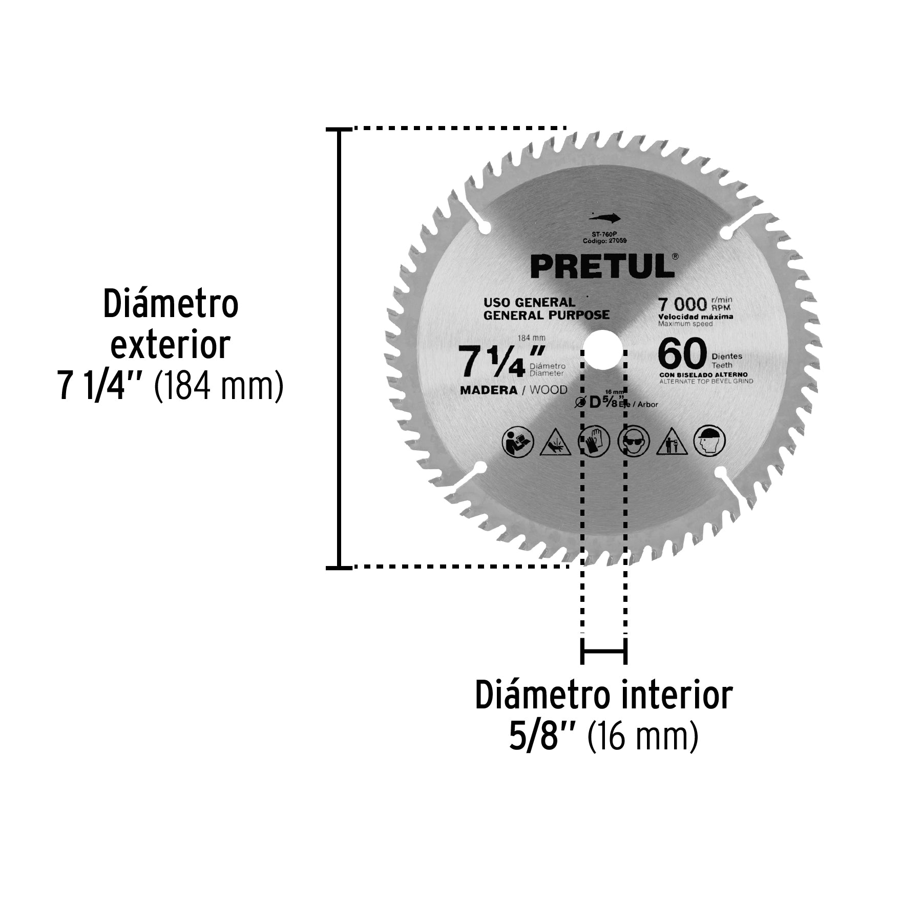 Disco sierra 7-1/4" p/madera, 60 dientes centro 5/8", PRETUL