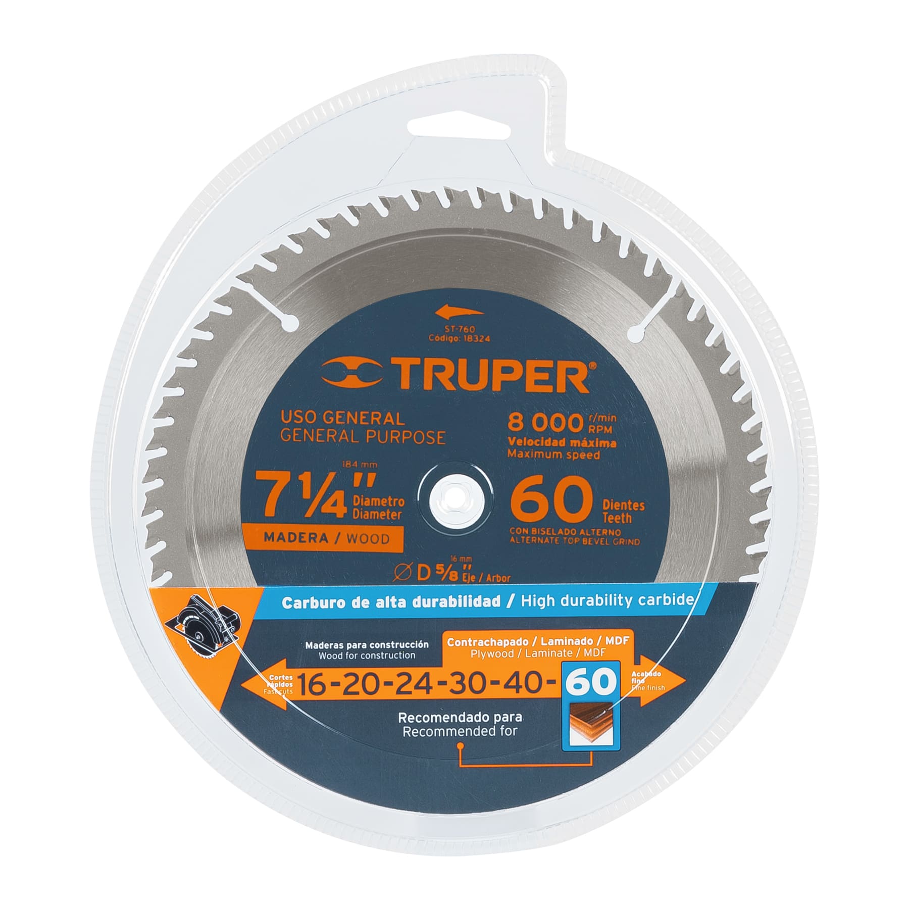 Disco sierra 7- 1/4" para madera, 60 dientes centro 5/8"