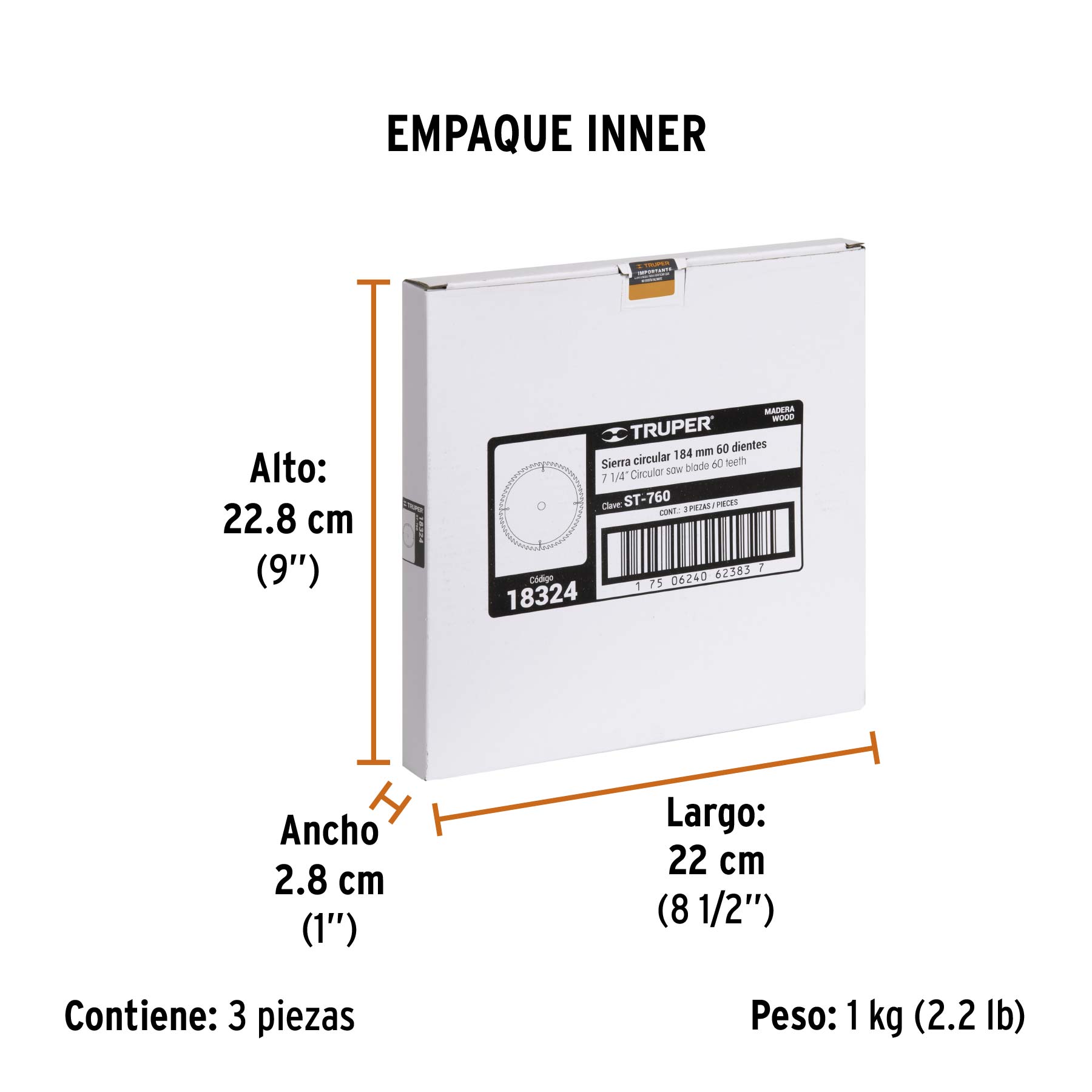 Disco sierra 7- 1/4" para madera, 60 dientes centro 5/8" - Empaque