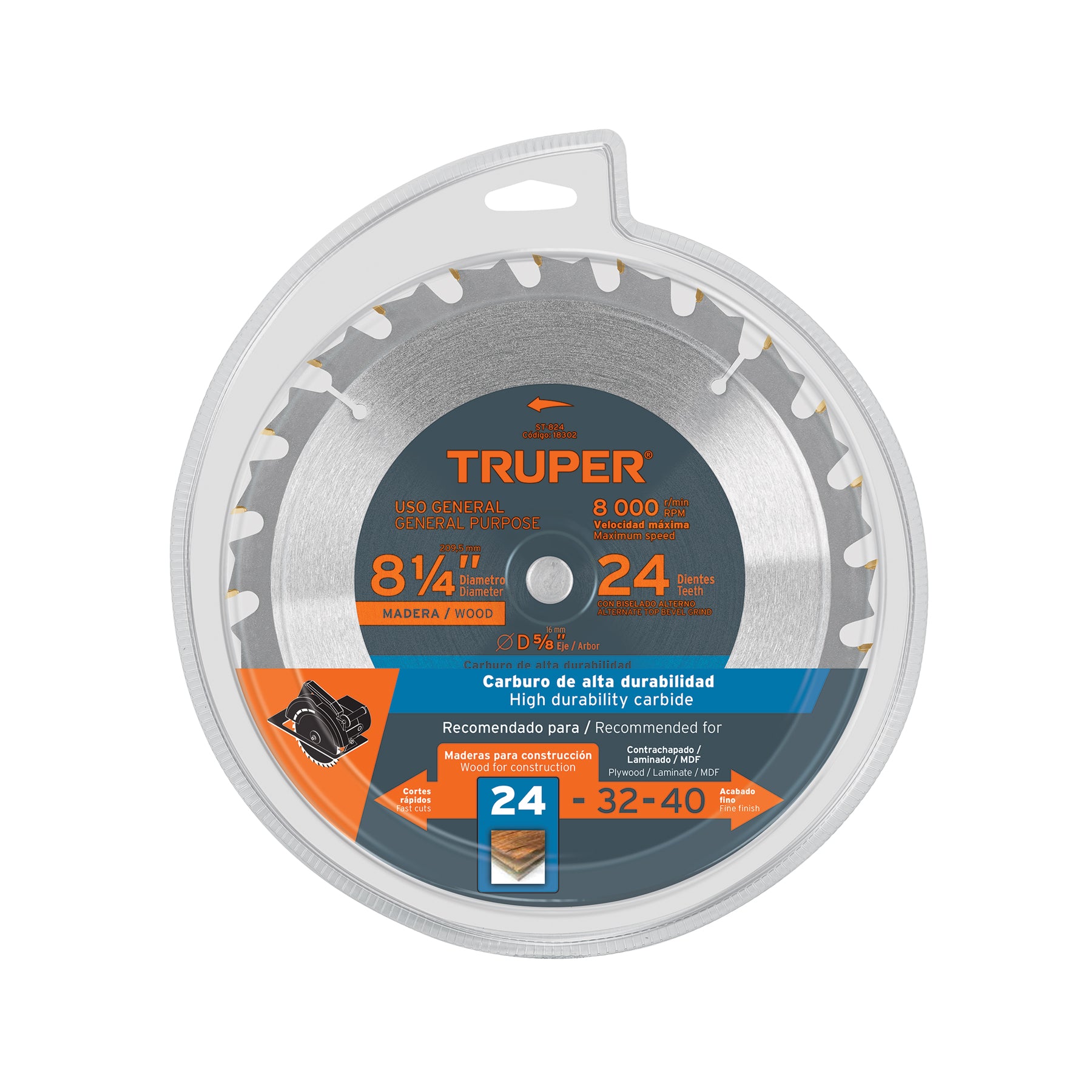 Disco sierra 8-1/4" para madera, 24 dientes centro 5/8"