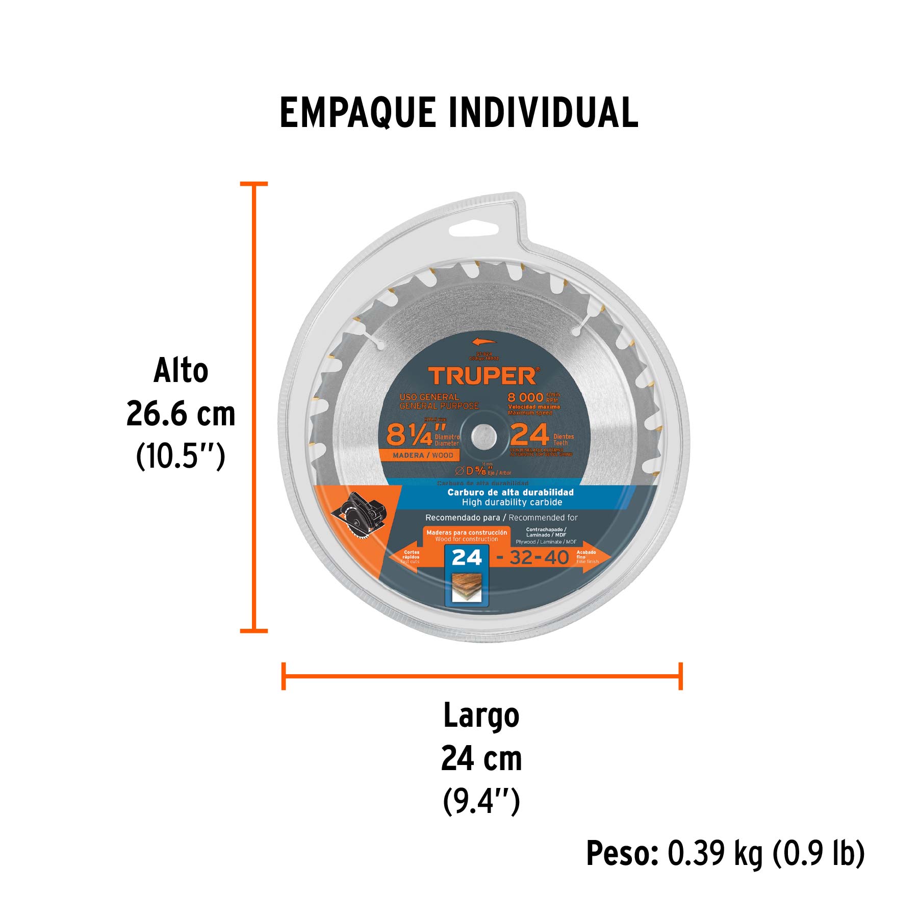 Disco sierra 8-1/4" para madera, 24 dientes centro 5/8" - Empaque