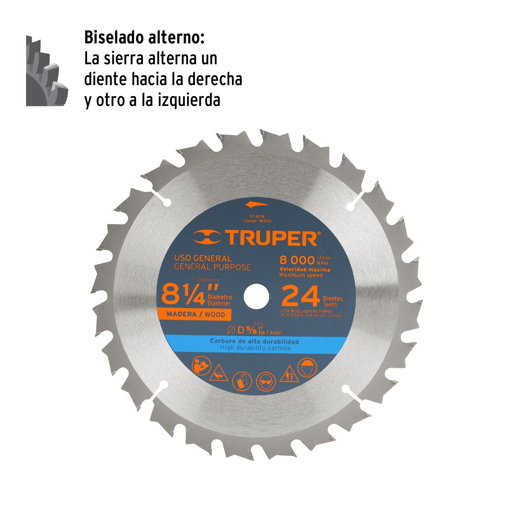 Disco sierra 8-1/4" para madera, 24 dientes centro 5/8"
