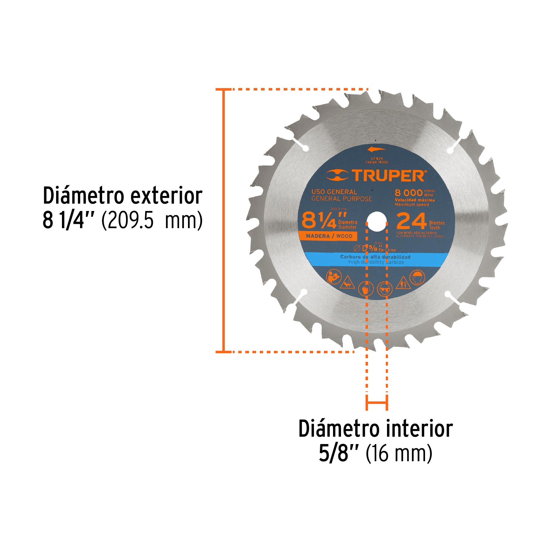Disco sierra 8-1/4" para madera, 24 dientes centro 5/8"