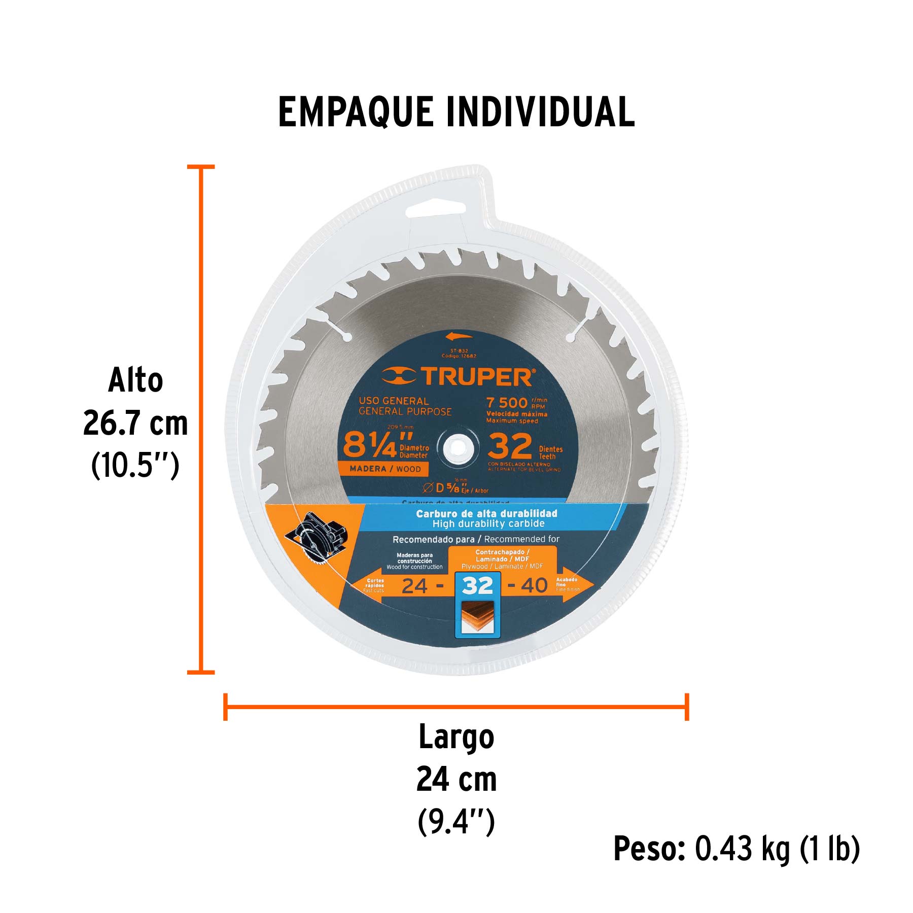 Disco sierra 8-1/4" para madera, 32 dientes centro 5/8" - Empaque