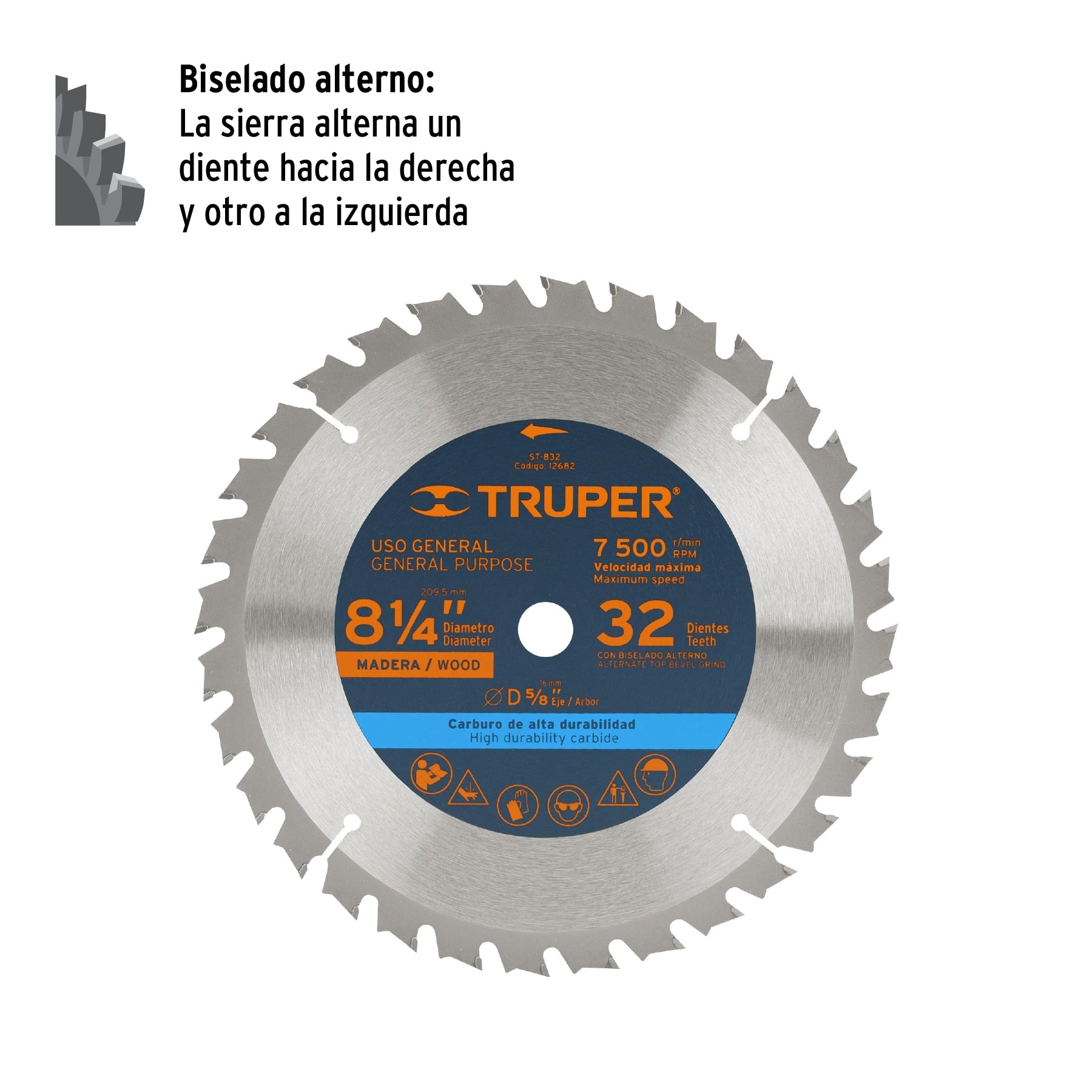 Disco sierra 8-1/4" para madera, 32 dientes centro 5/8"