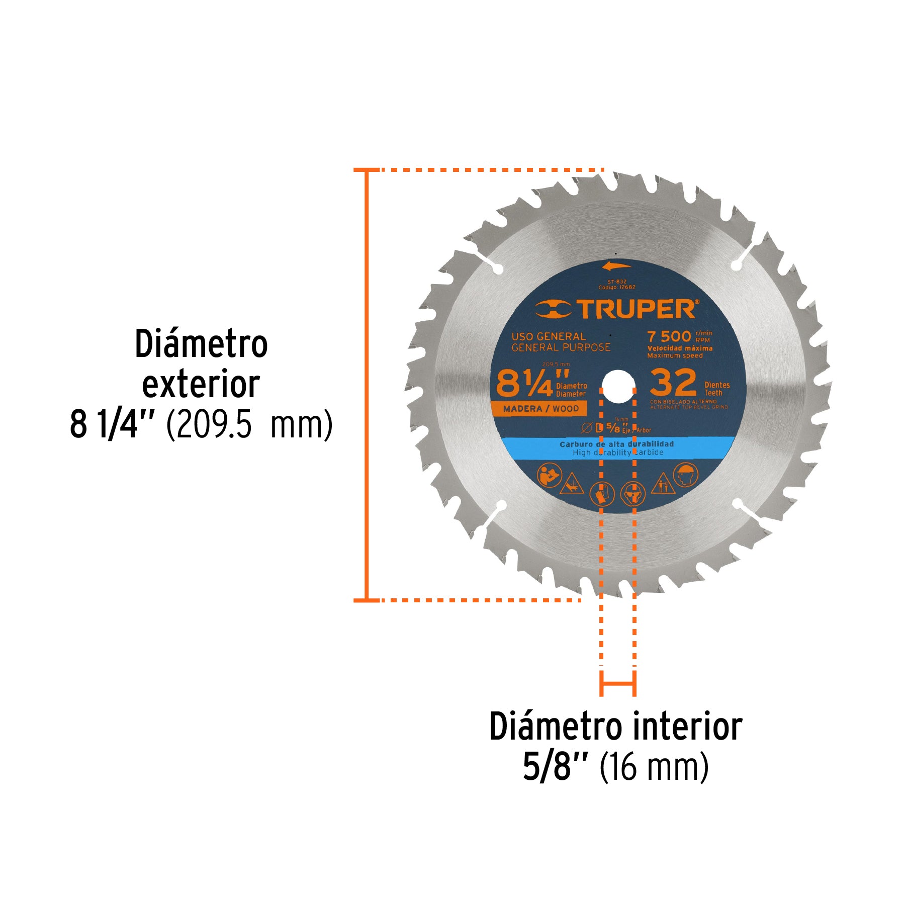 Disco sierra 8-1/4" para madera, 32 dientes centro 5/8"