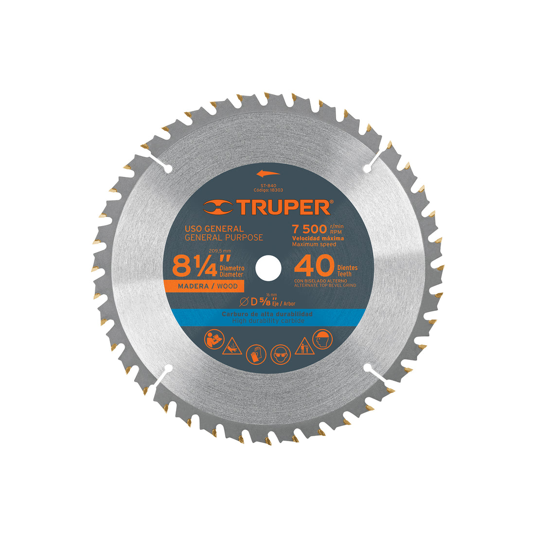 Disco sierra 8-1/4" para madera, 40 dientes centro 5/8"