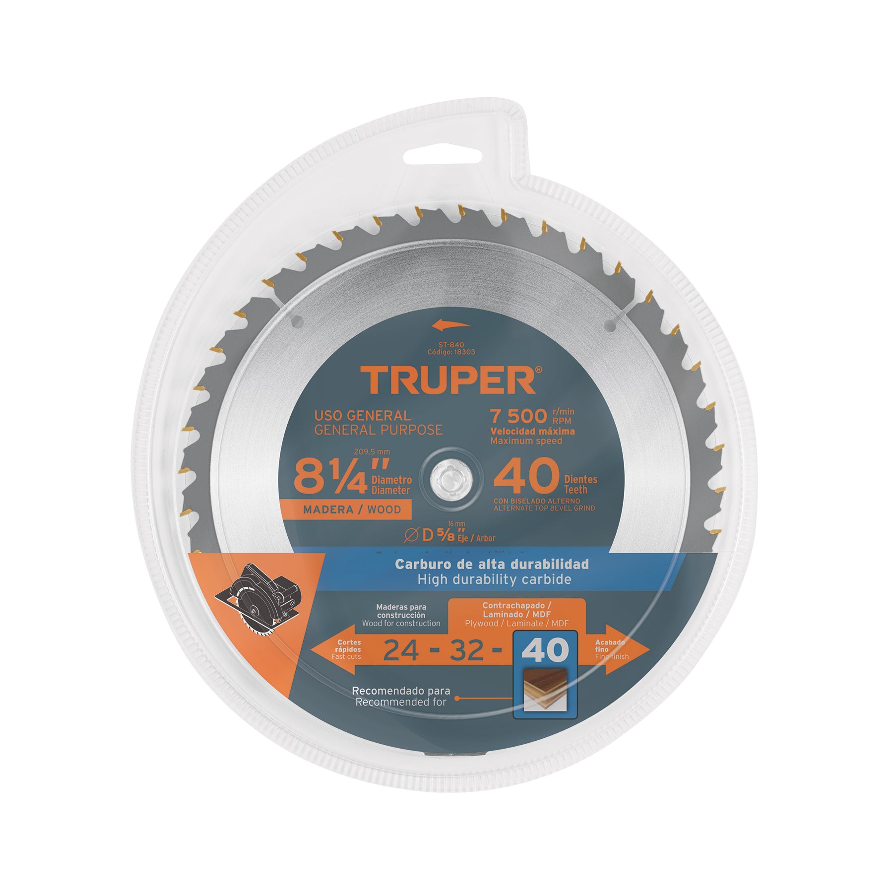 Disco sierra 8-1/4" para madera, 40 dientes centro 5/8"