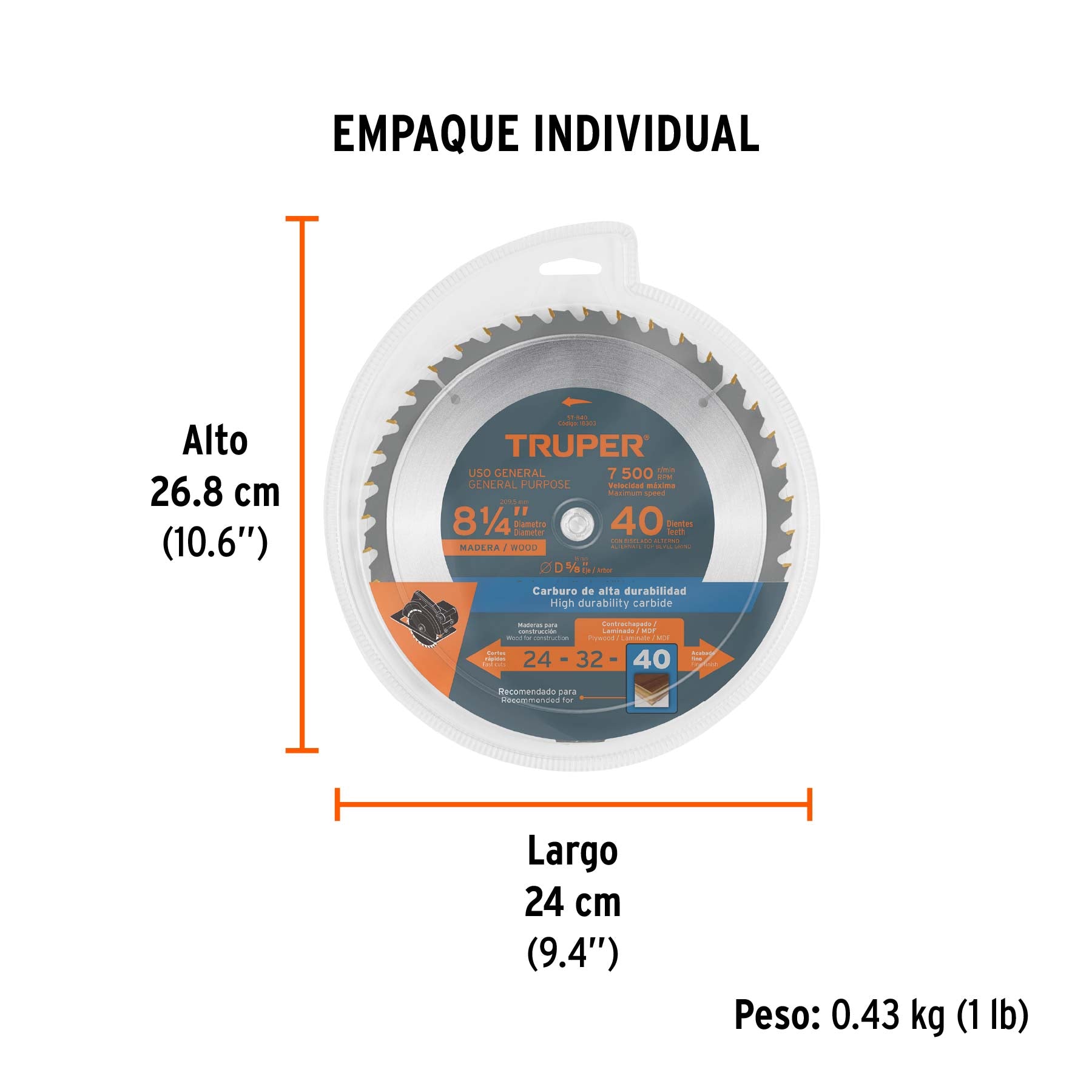 Disco sierra 8-1/4" para madera, 40 dientes centro 5/8" - Empaque