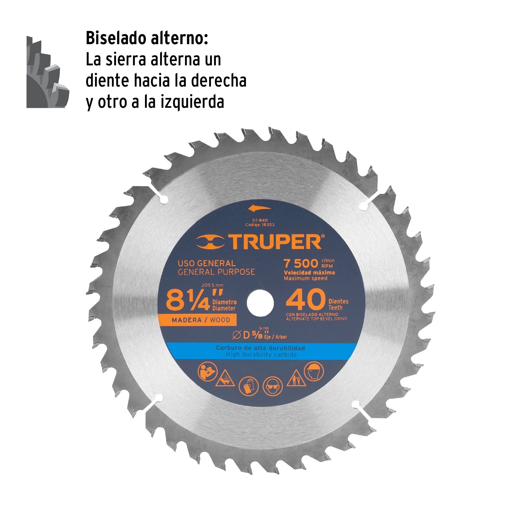 Disco sierra 8-1/4" para madera, 40 dientes centro 5/8"